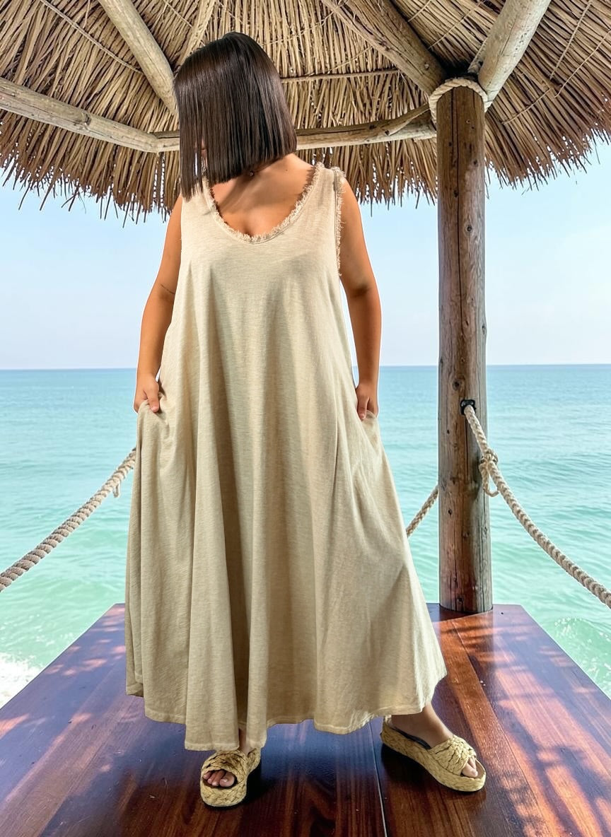 MARISOL - ROBE AMPLE CAMEL EN COTON JUSQU'A LA TAILLE 54
