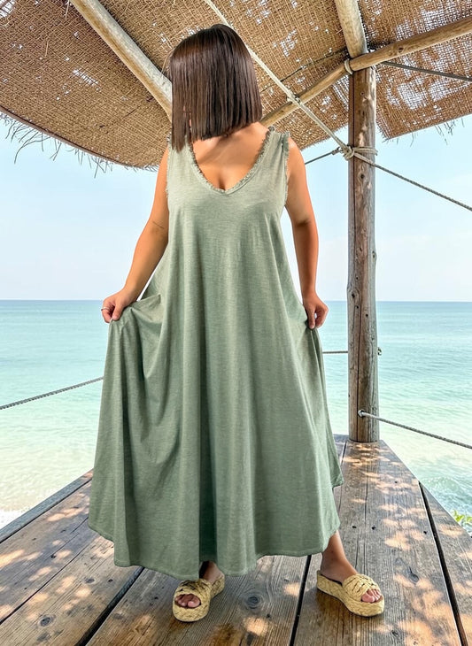 MARISOL - ROBE AMPLE KAKI EN COTON JUSQU'A LA TAILLE 54