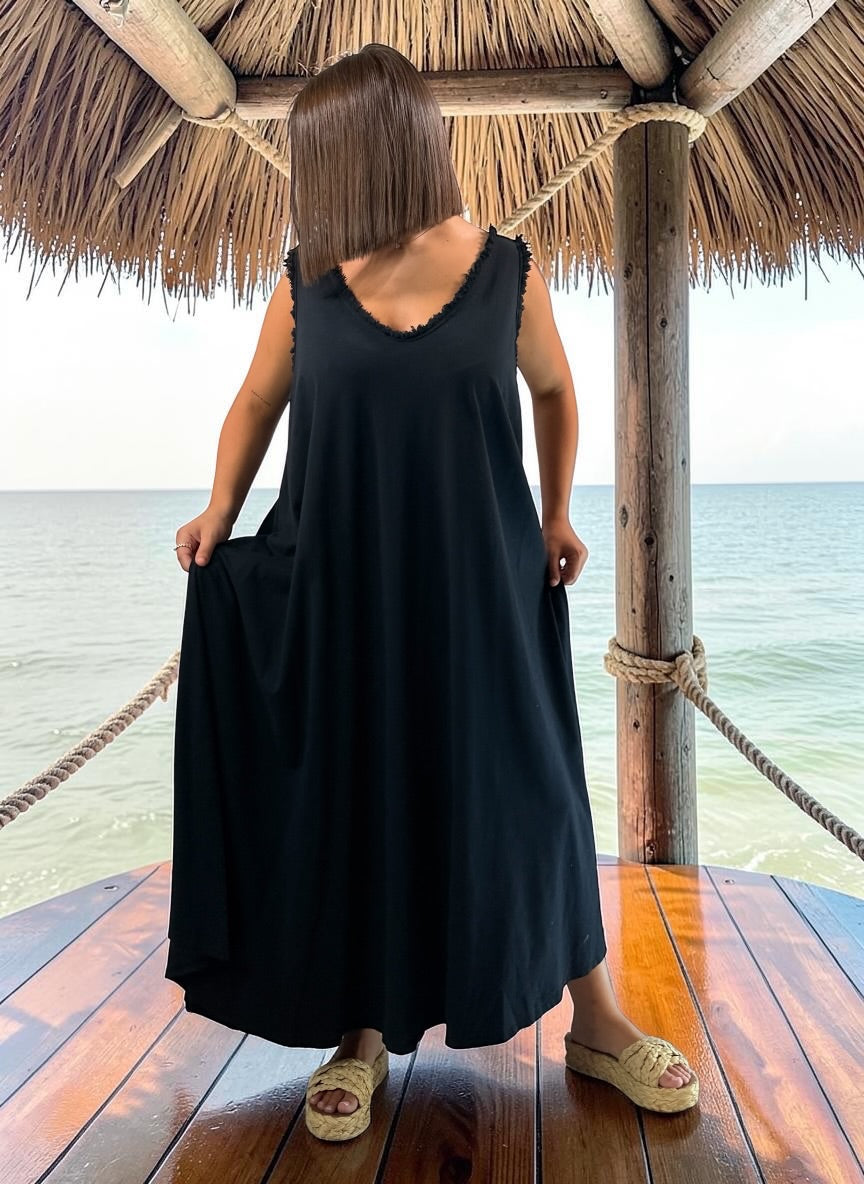 MARISOL - ROBE AMPLE NOIRE EN COTON JUSQU'A LA TAILLE 54