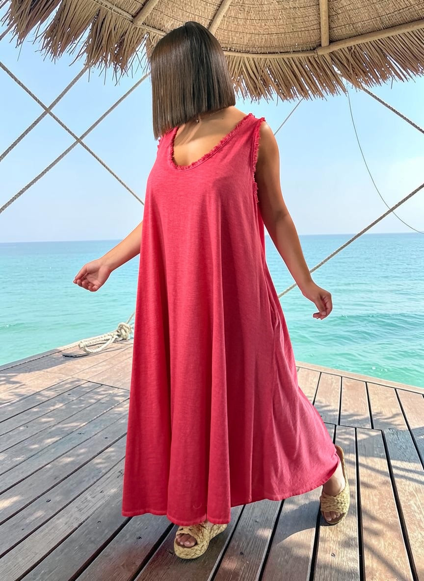 MARISOL - ROBE AMPLE ROUGE EN COTON JUSQU'A LA TAILLE 54