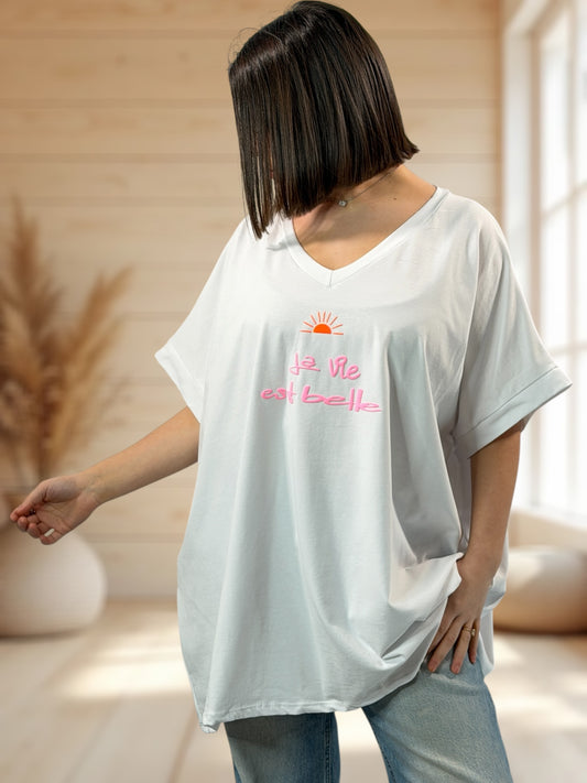 LA VIE EST BELLE - T-SHIRT OVERSIZE BLANC JUSQU'A LA TAILLE 46/48 A 56/58