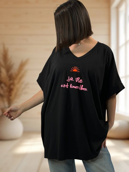 LA VIE EST BELLE - T-SHIRT OVERSIZE NOIR JUSQU'A LA TAILLE 46/48 A 56/58