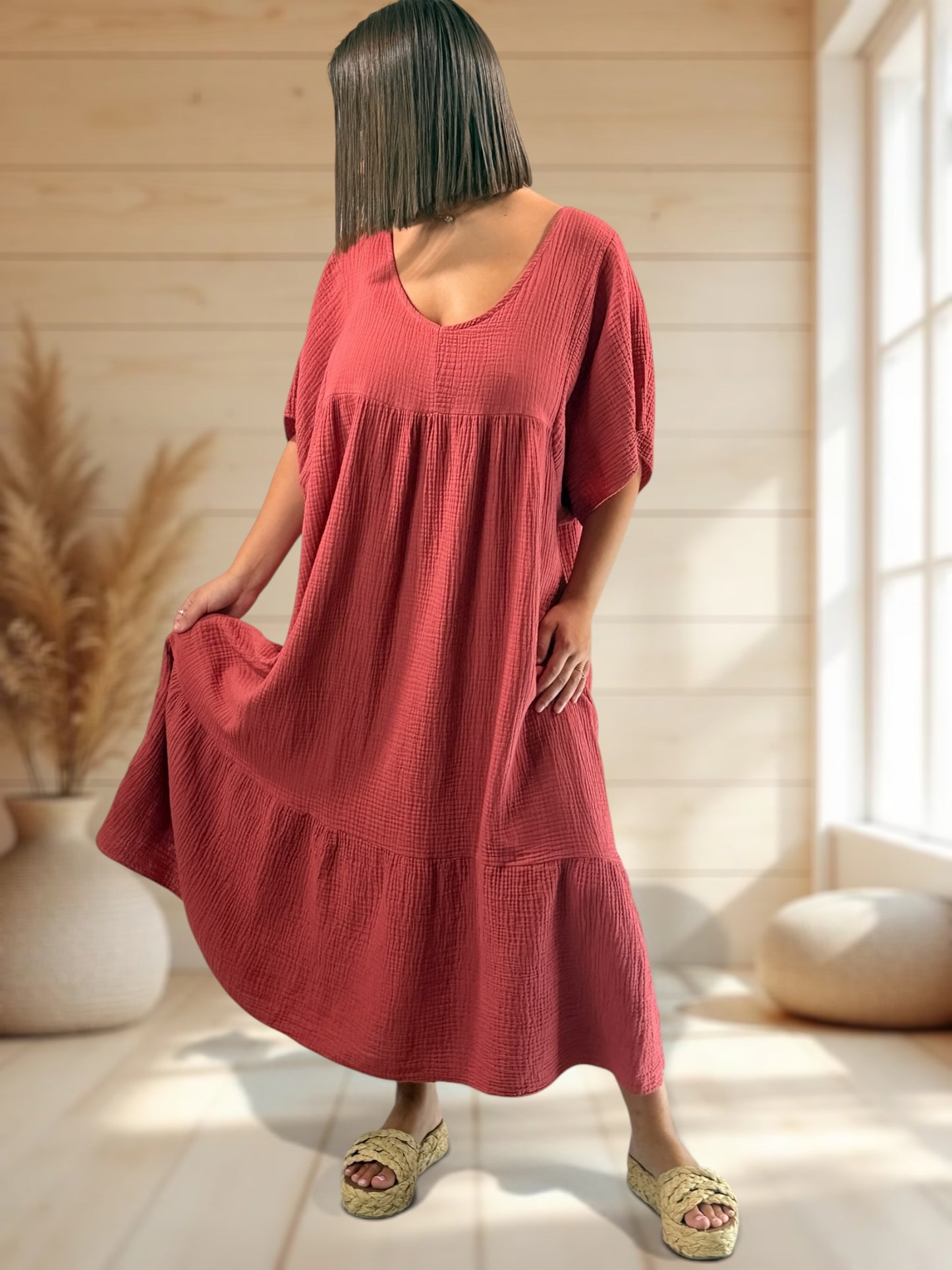 LAURETTE - ROBE LONGUE TERRACOTTA EN GAZE DE COTON JUSQU'A LA TAILLE 54