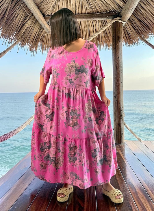 NINA - ROBE LONGUE FUCHSIA A FLEUR JUSQU'A LA TAILLE 52