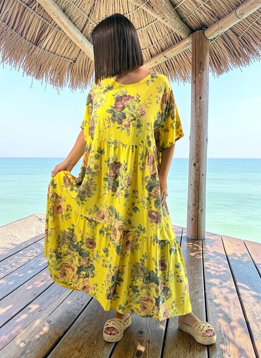 NINA - ROBE LONGUE JAUNE A FLEUR JUSQU'A LA TAILLE 52