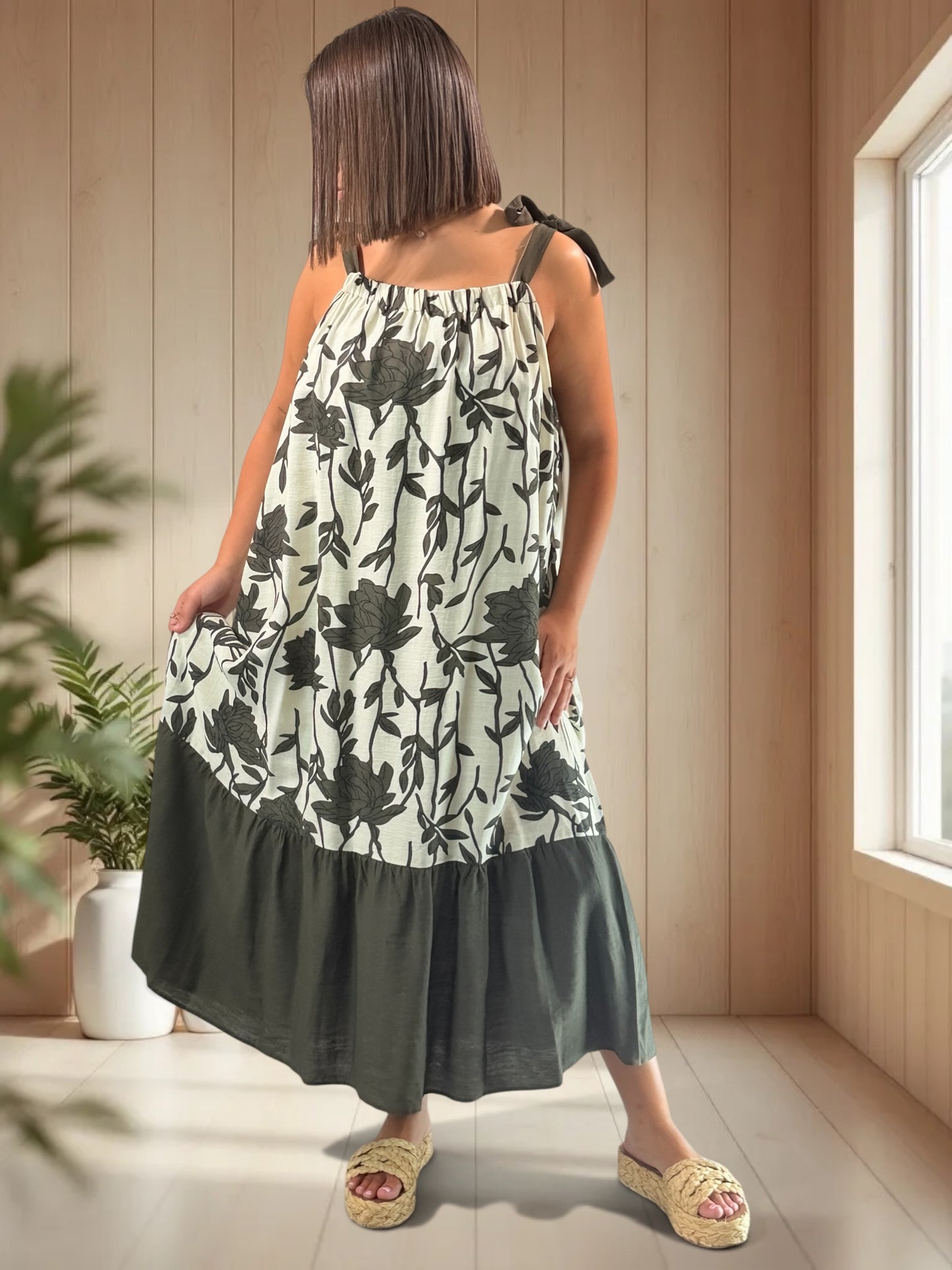 KATARINA - ROBE MOTIF FLORAL VERT BRONZE JUSQU'A LA TAILLE 52