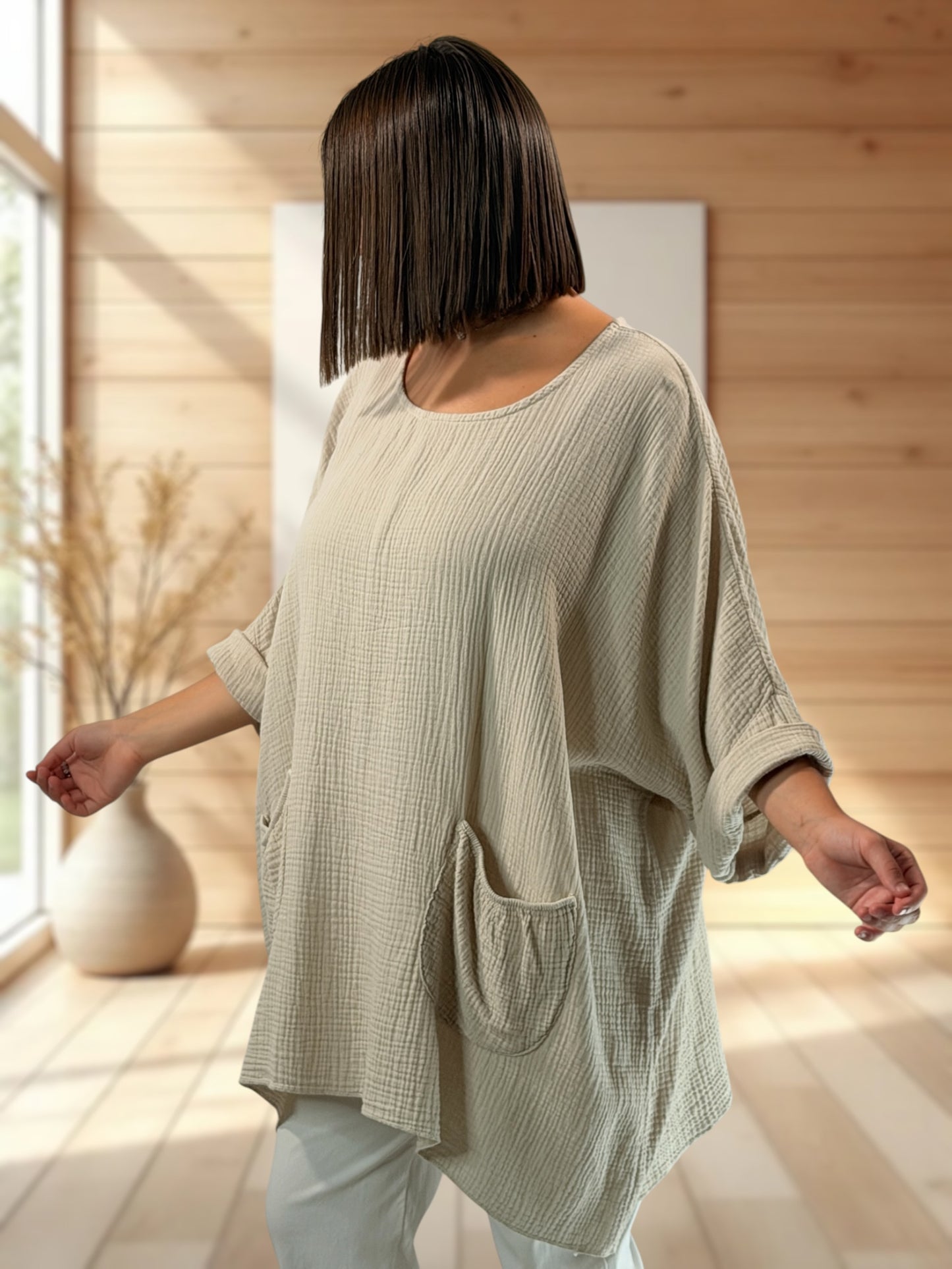 ANAIS - TUNIQUE OVERSIZE BEIGE EN GAZE DE COTON JUSQU'A LA TAILLE 58