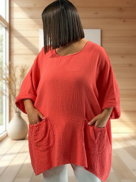 ANAIS - TUNIQUE OVERSIZE CORAIL EN GAZE DE COTON JUSQU'A LA TAILLE 58