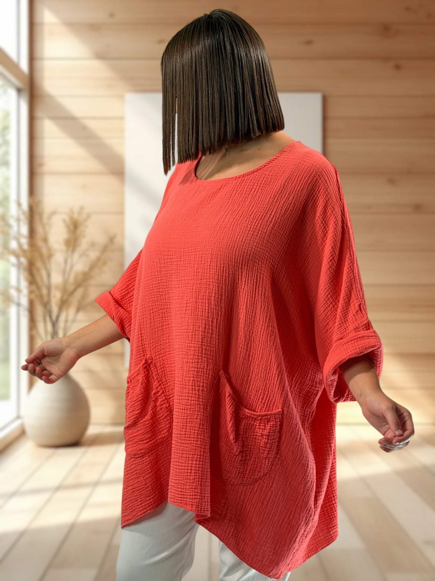 ANAIS - TUNIQUE OVERSIZE CORAIL EN GAZE DE COTON JUSQU'A LA TAILLE 58