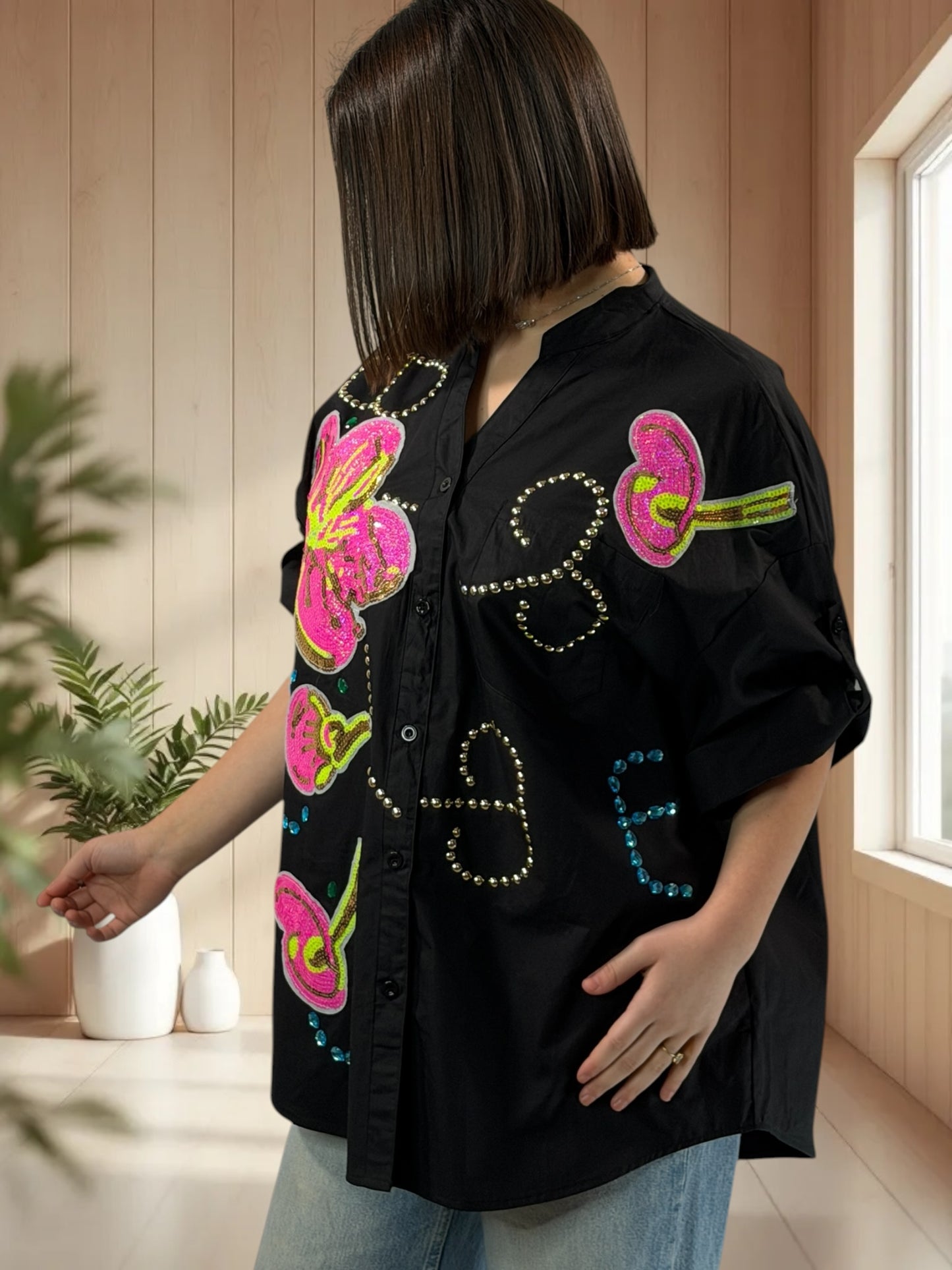 HAILEY - CHEMISE OVERSIZE NOIRE JUSQU'A LA TAILLE 50/52