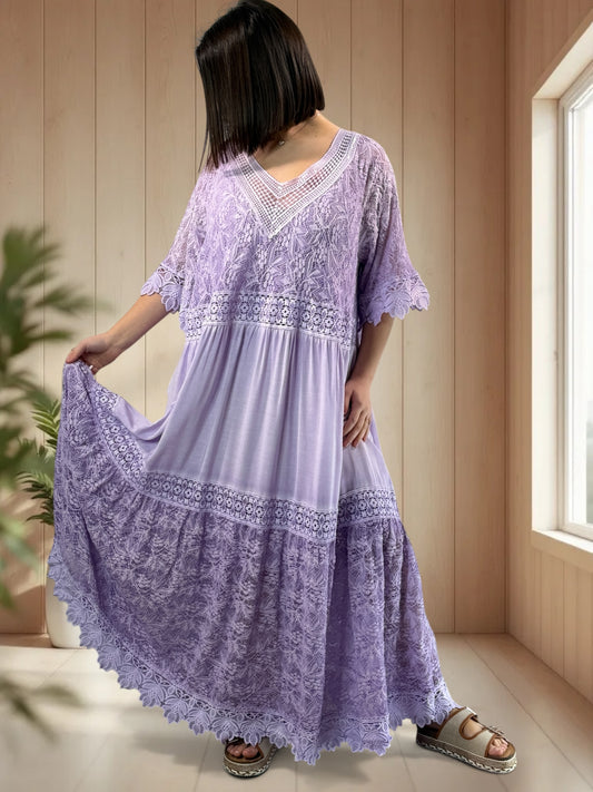 MARILOU - ROBE LONGUE LILAS EN DENTELLE JUSQU'A LA TAILLE 50