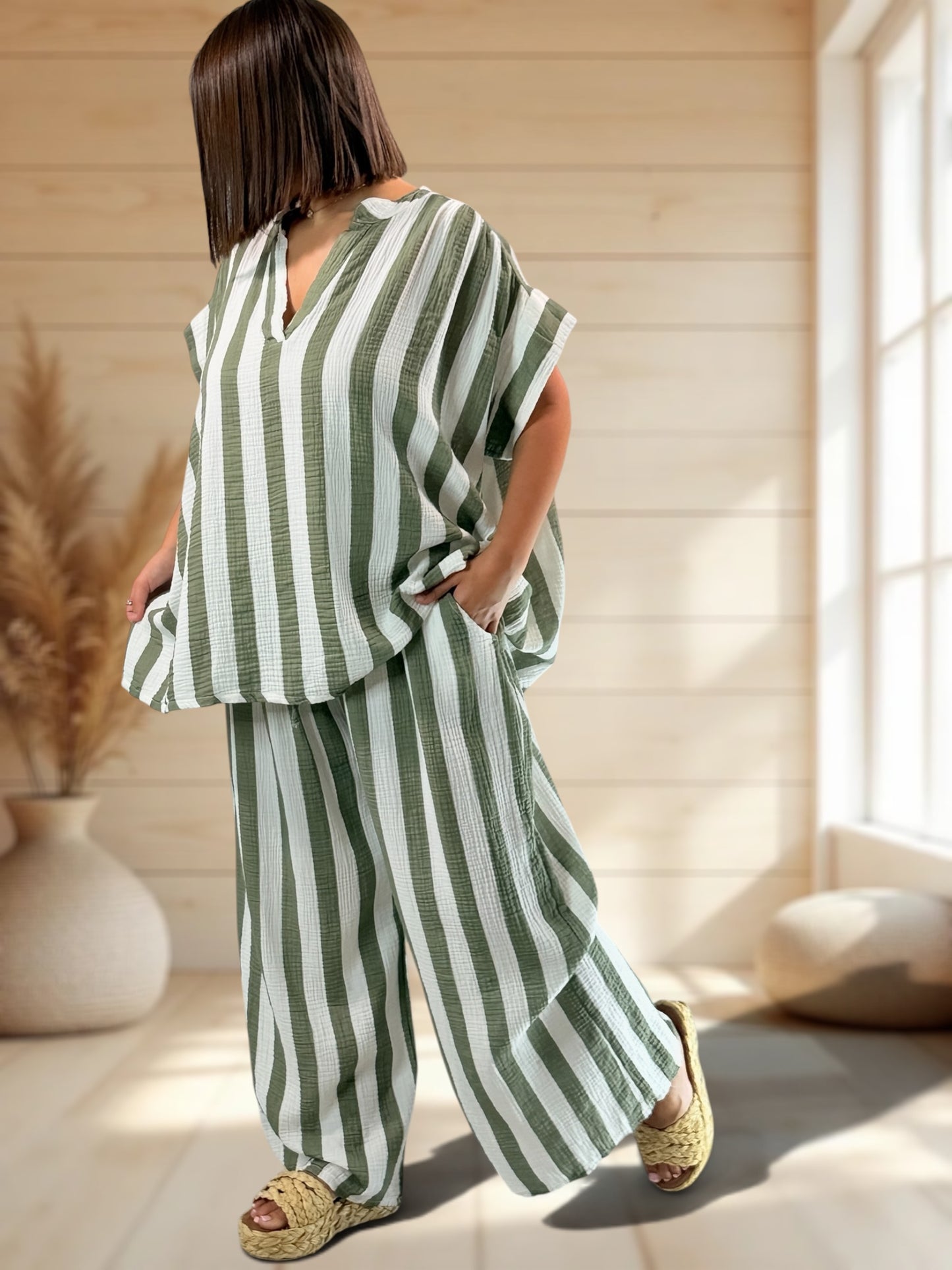 LILOU - TUNIQUE OVERSIZE A RAYURE KAKI JUSQU'A LA TAILLE 52/54