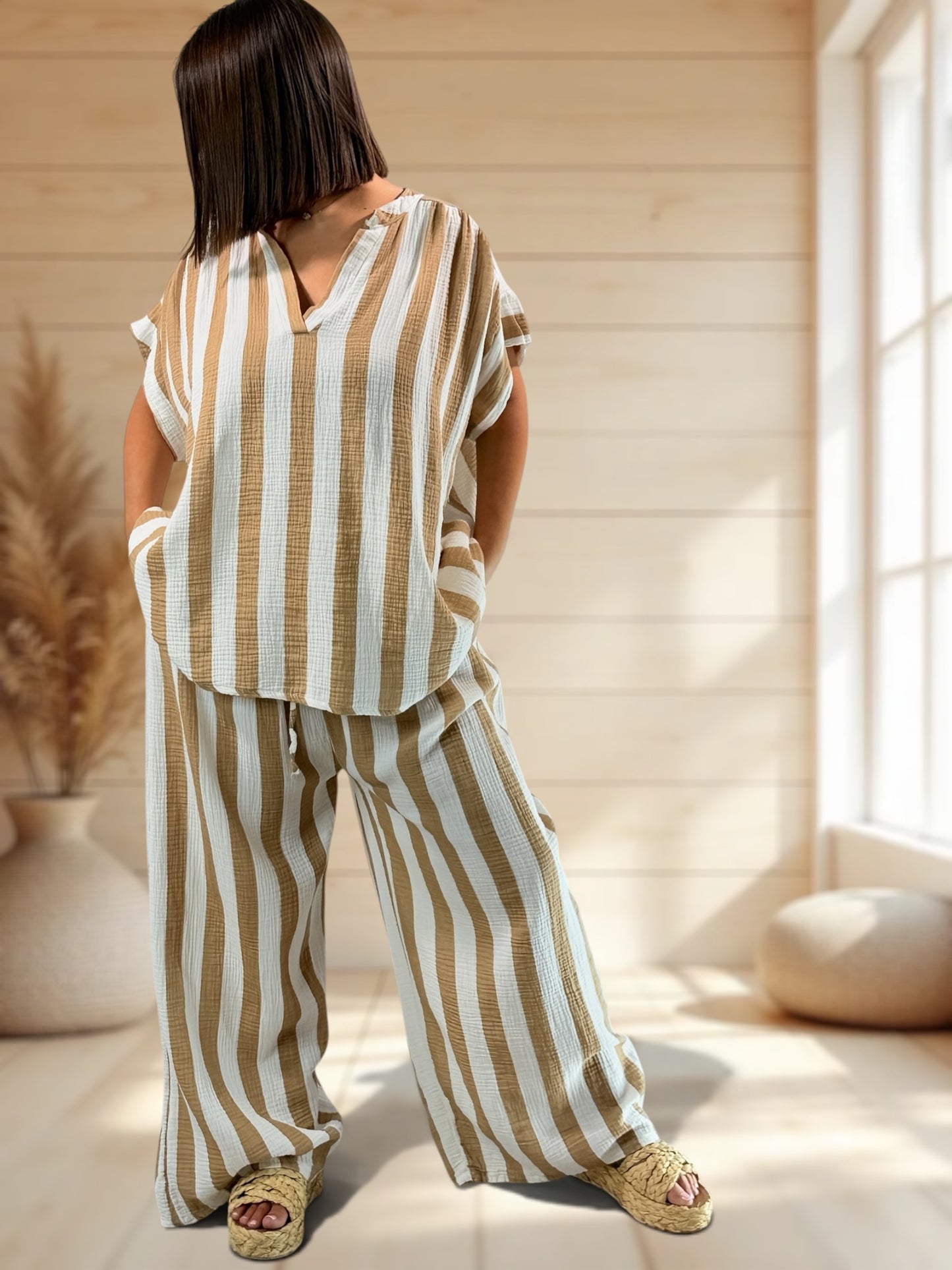 LILOU - TUNIQUE OVERSIZE A RAYURE CAMEL JUSQU'A LA TAILLE 52/54