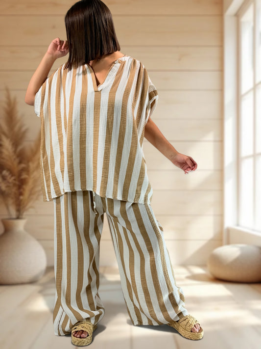 LILOU - TUNIQUE OVERSIZE A RAYURE CAMEL JUSQU'A LA TAILLE 52/54