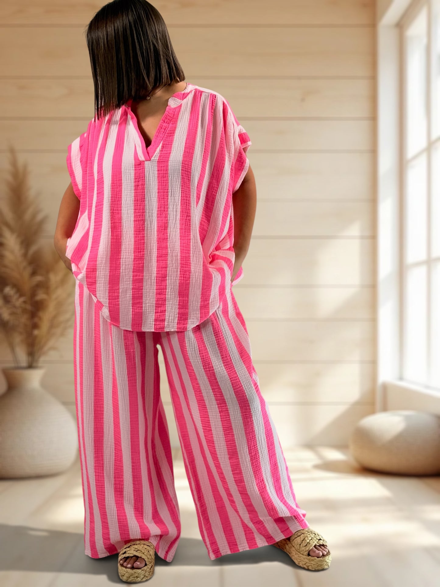 LILOU - TUNIQUE OVERSIZE A RAYURE FUCHSIA JUSQU'A LA TAILLE 52/54