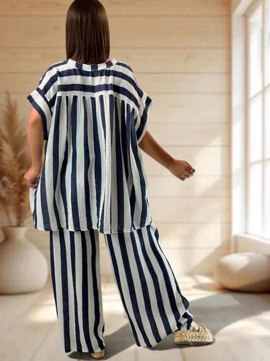 ELIOTH - PANTALON A RAYURE MARINE JUSQUA LA TAILLE 52