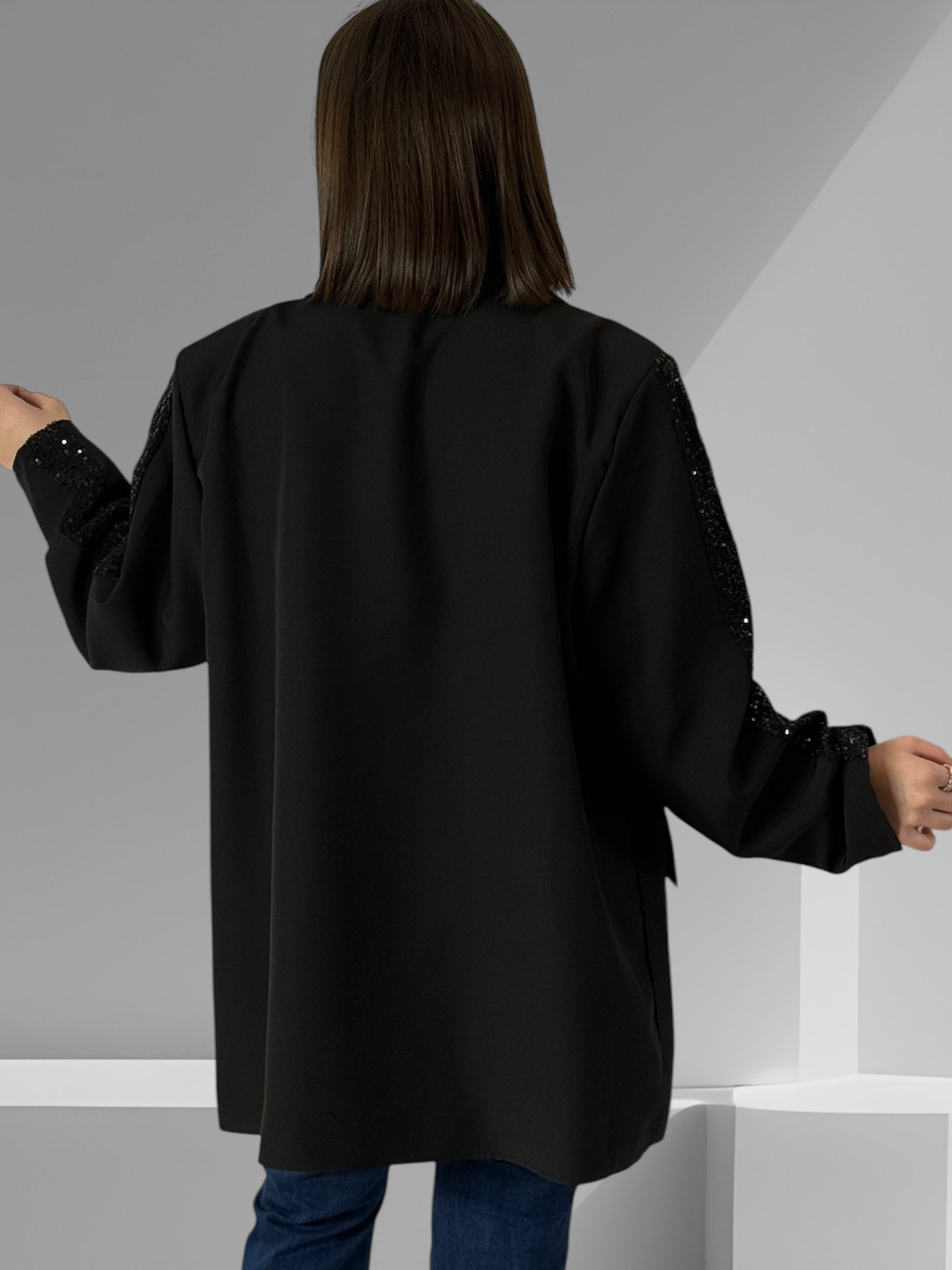 TINA - BLAZER NOIR BANDE EN SEQUINS SUR LES EPAULES JUSQU'A LA TAILLE 52