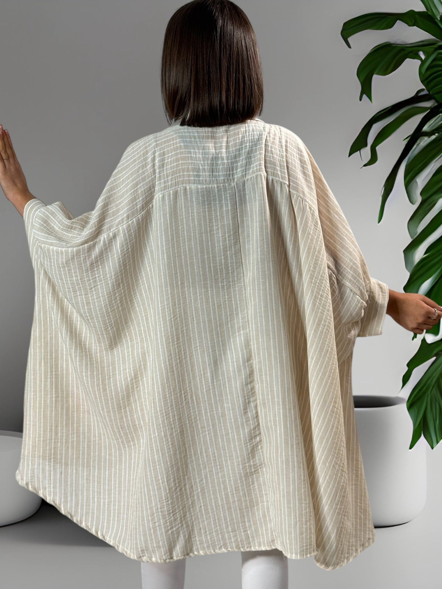 PAMPELONNE - TUNIQUE OVERSIZE A RAYURE BEIGE JUSQU'A LA TAILLE 56