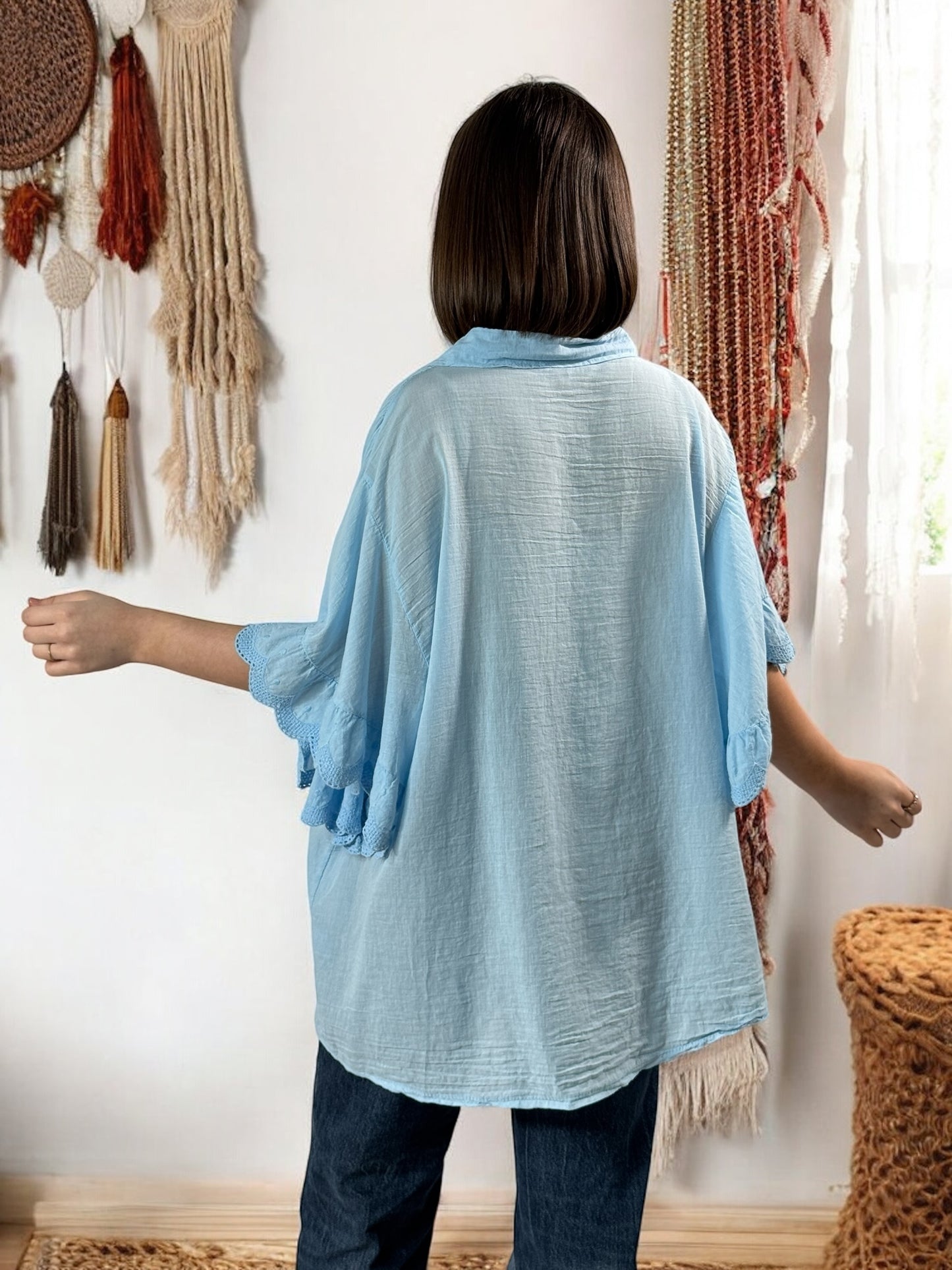 ANASTASIA - BLOUSE OVERSIZE BLEU CIEL EN COTON JUSQU'A LA TAILLE 52/54