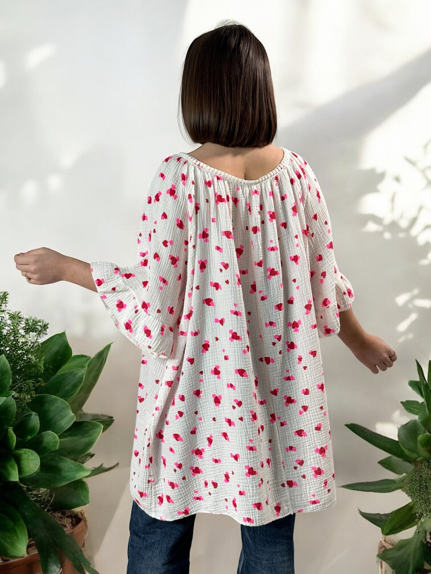 LUCIA - BLOUSE OVERSIZE COEUR ROUGE EN COTON JUSQU'A LA TAILLE 56
