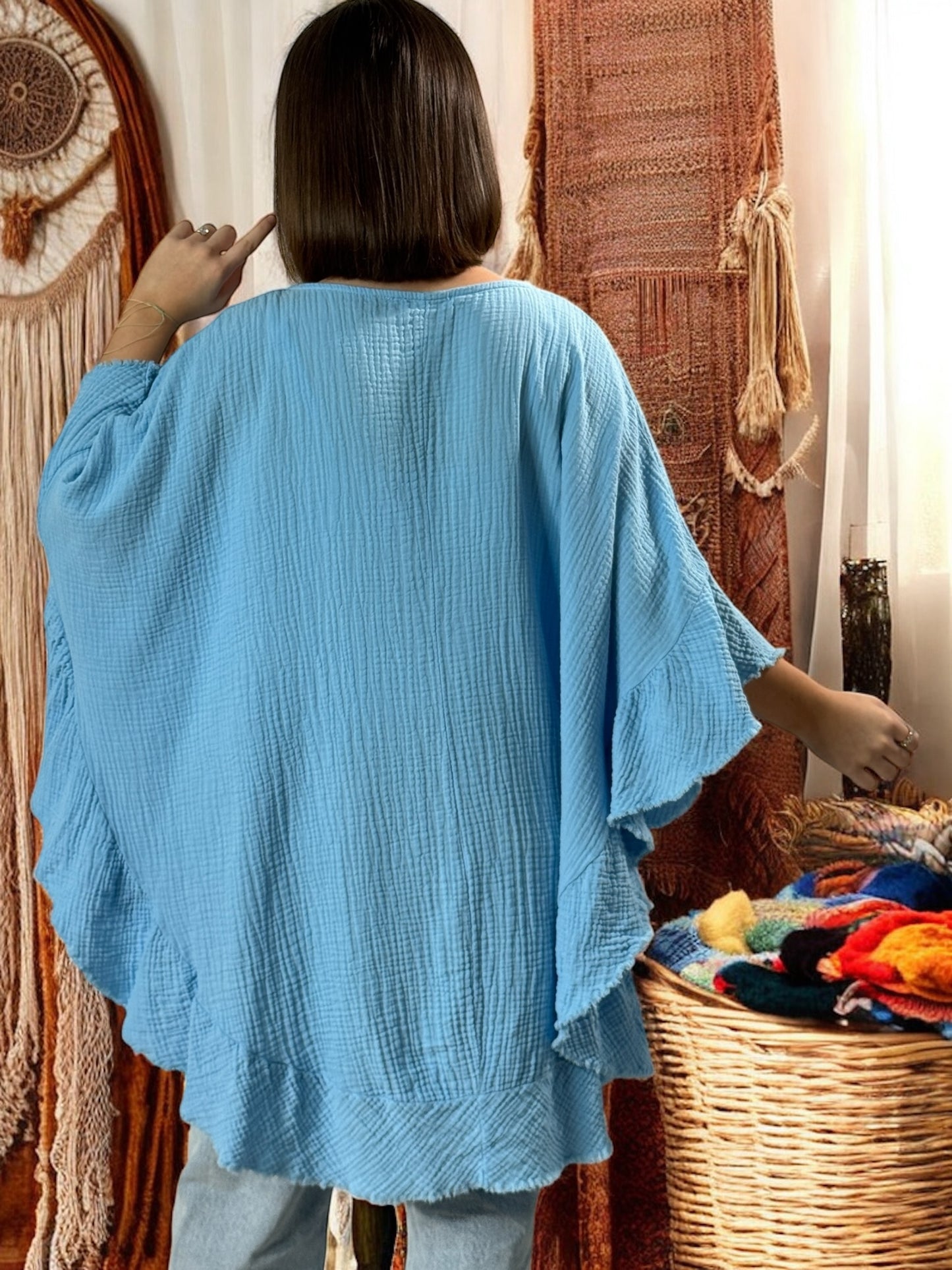 VICTOIRE - TUNIQUE OVERSIZE BLEUE EN GAZE DE COTON JUSQU'A LA TAILLE 52/54