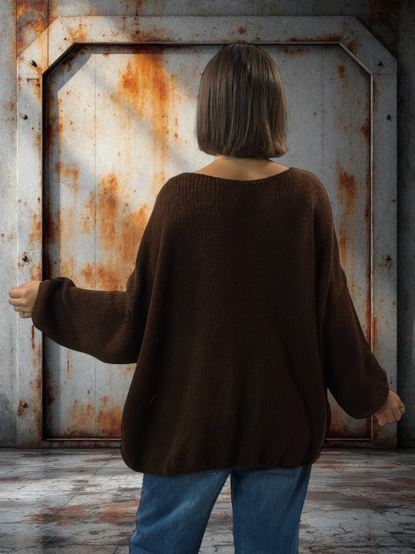 MICHOU - PULL OVERSIZE MARRON POCHE EN JEAN JUSQU'A LA TAILLE 56