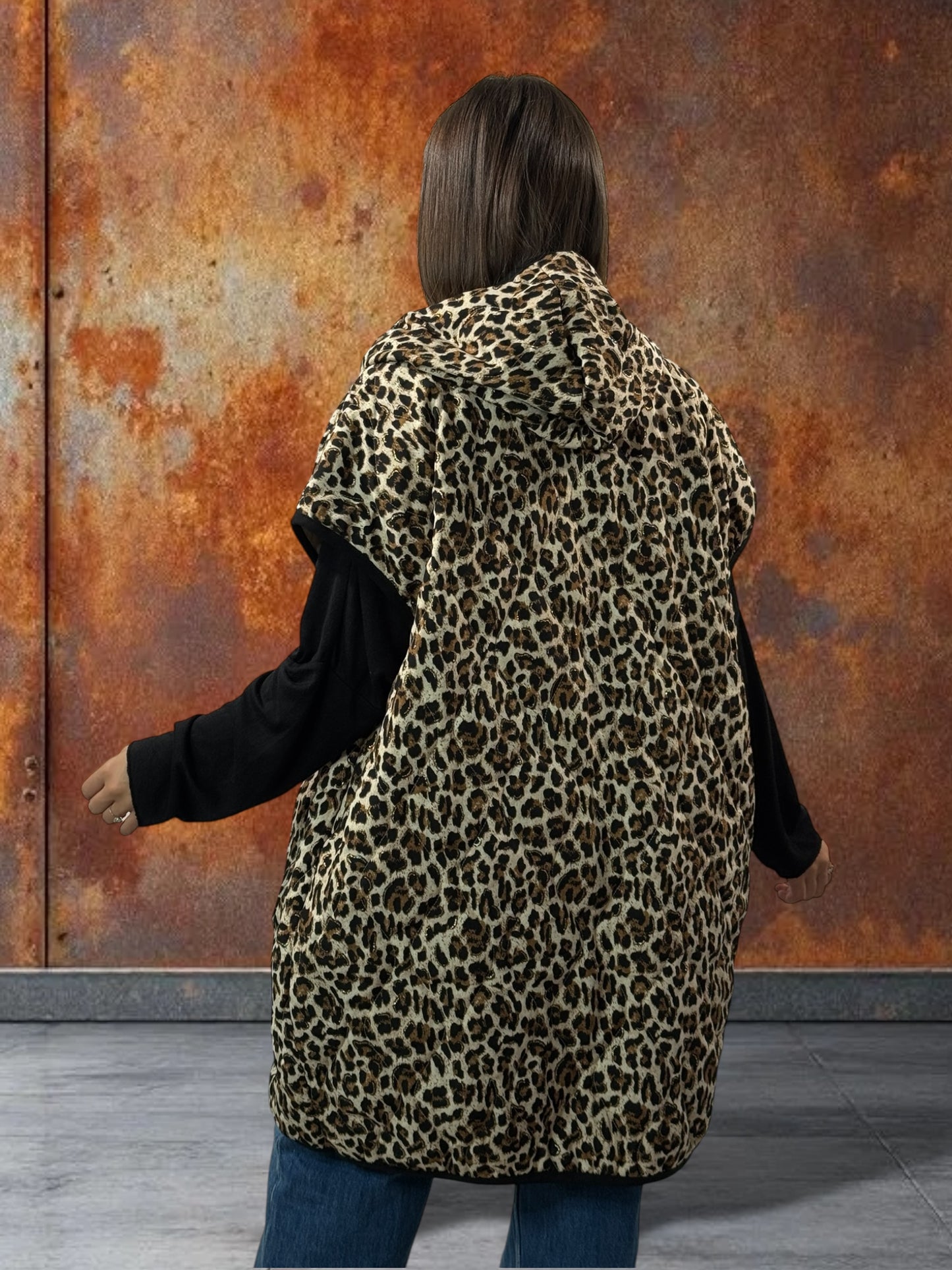 CRISTIANO - GILET LEOPARD SANS MANCHE A CAPUCHE JUSQU'A LA TAILLE 56