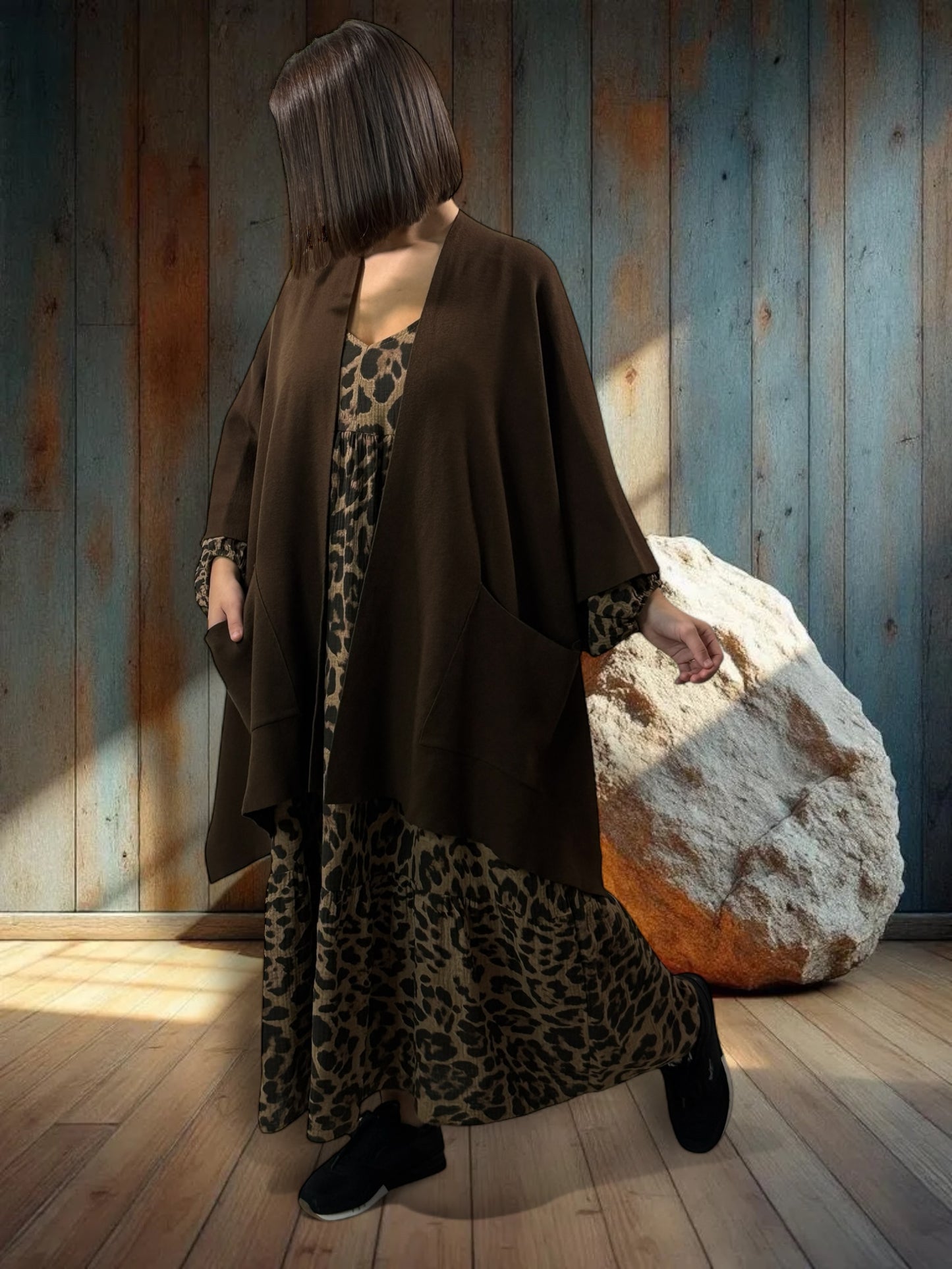 ADRIANA -GILET PONCHO MARRON EN MAILLE JUSQU'A LA TAILLE 60