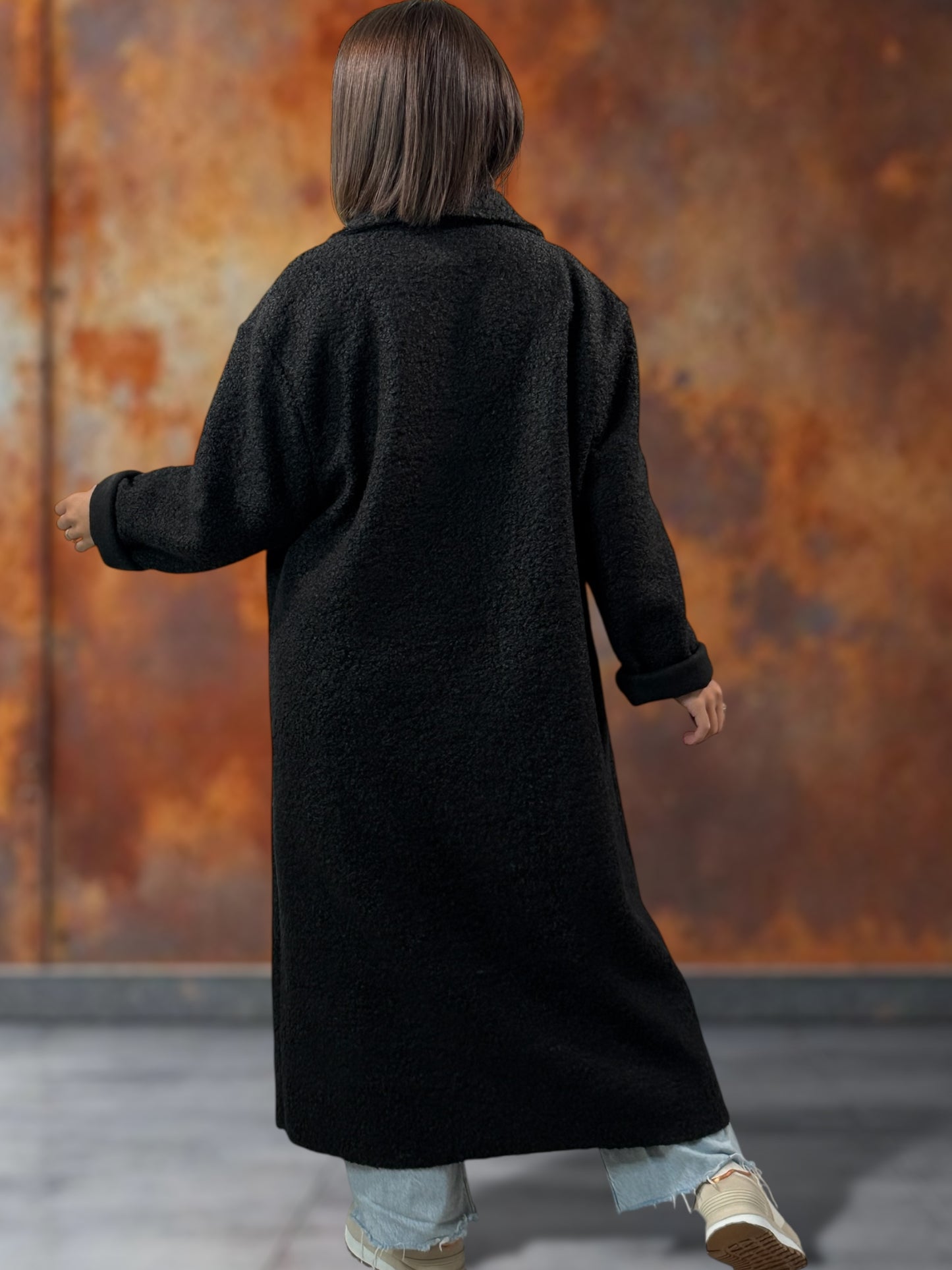 JULIEN - LONG MANTEAU NOIR EN BOUCLETTE JUSQU'A LA TAILLE 50/52