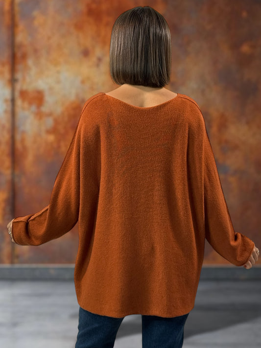 CELINE - PULL OVERSIZE ROUX AVEC BOUTONS COEUR JUSQU'A LA TAILLE 52