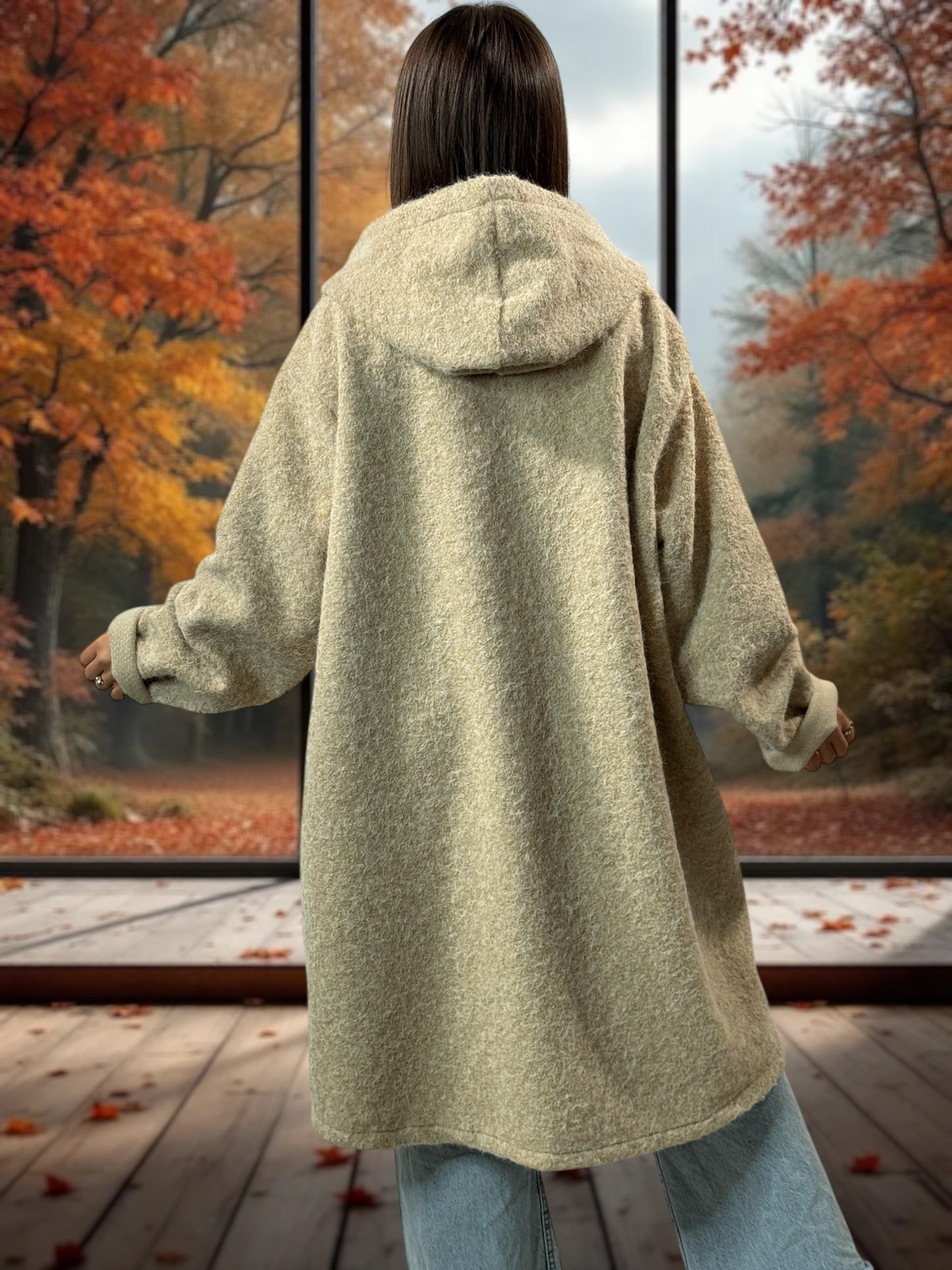 OCEANE - VESTE OVERSIZE BEIGE A CAPUCHE JUSQU'A LA TAILLE 54/56
