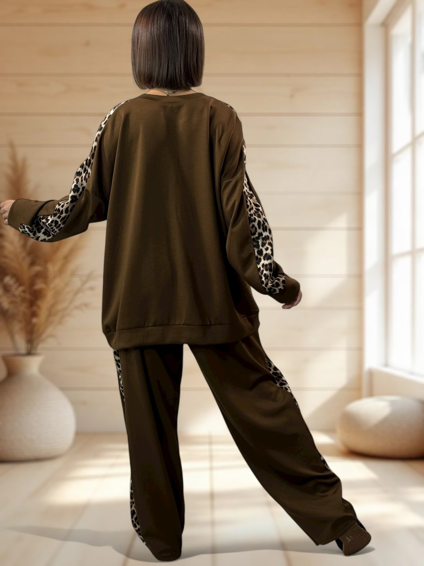 LEONARDO - ENSEMBLE MARRON BANDE LEOPARD JUSQU'A LA TAILLE 52/54