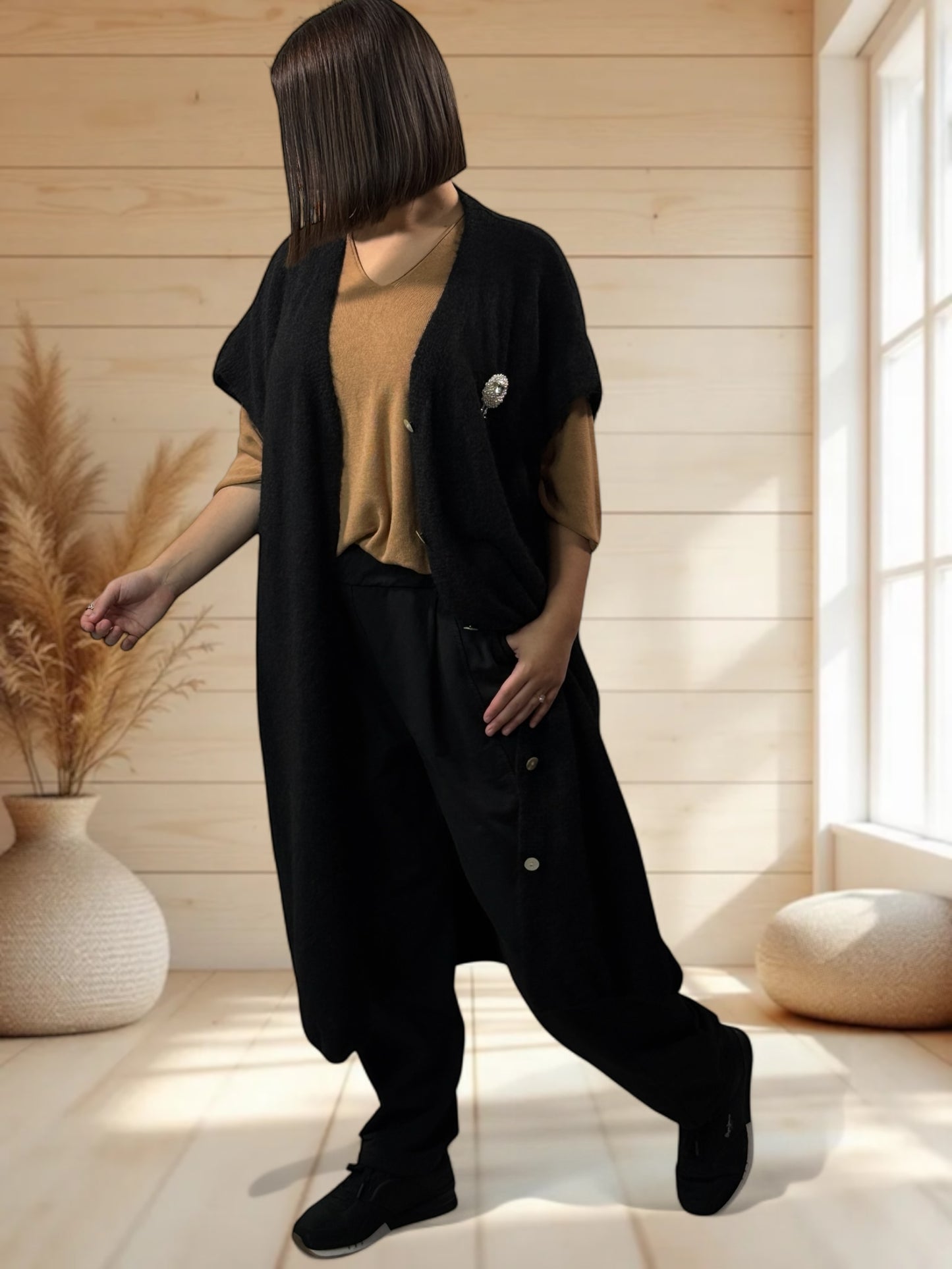 UGO - LONG GILET OVERSIZE NOIR JUSQU'A LA TAILLE 56/58