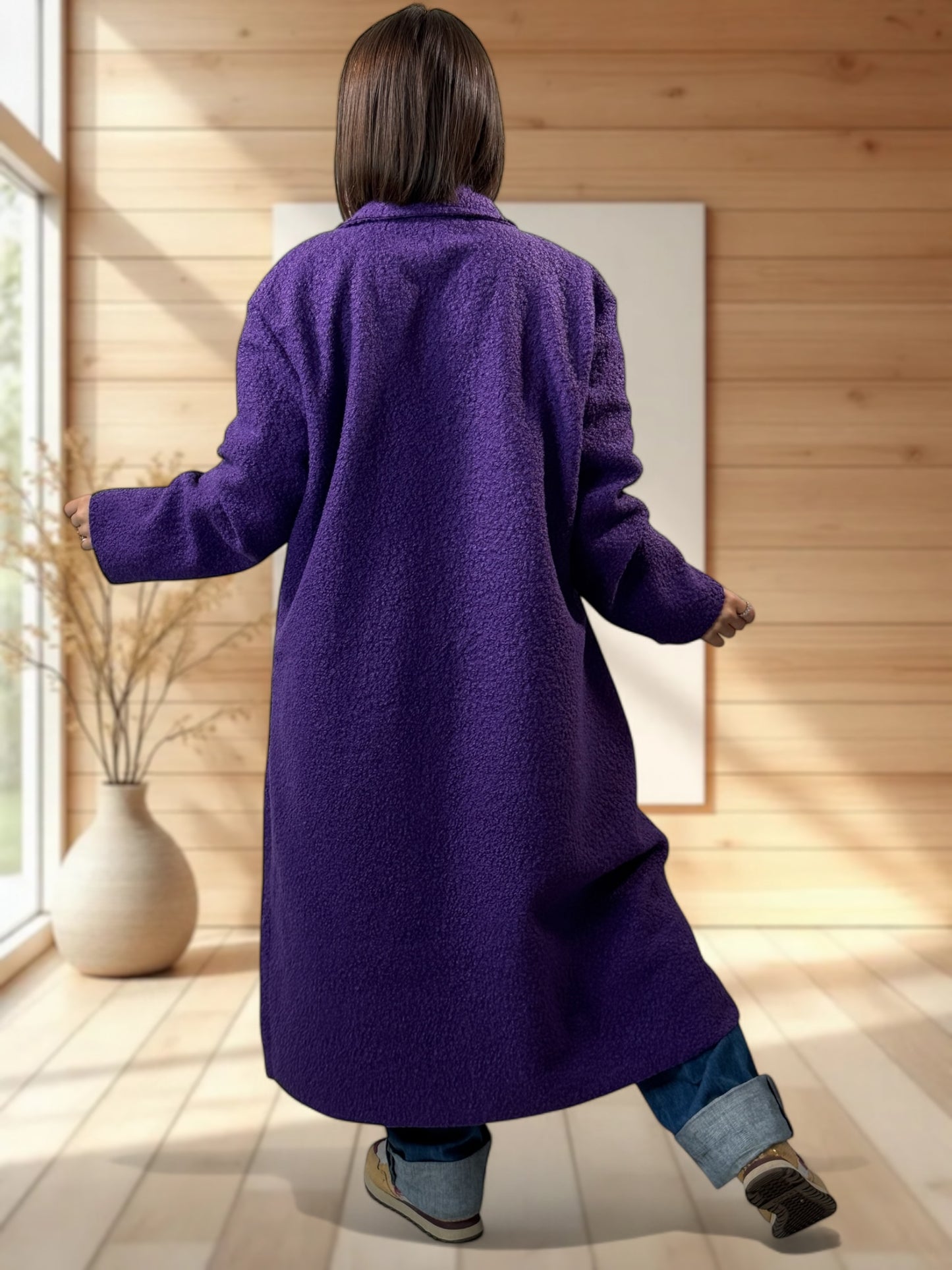 JULIEN - LONG MANTEAU VIOLET EN BOUCLETTE JUSQU'A LA TAILLE 50/52