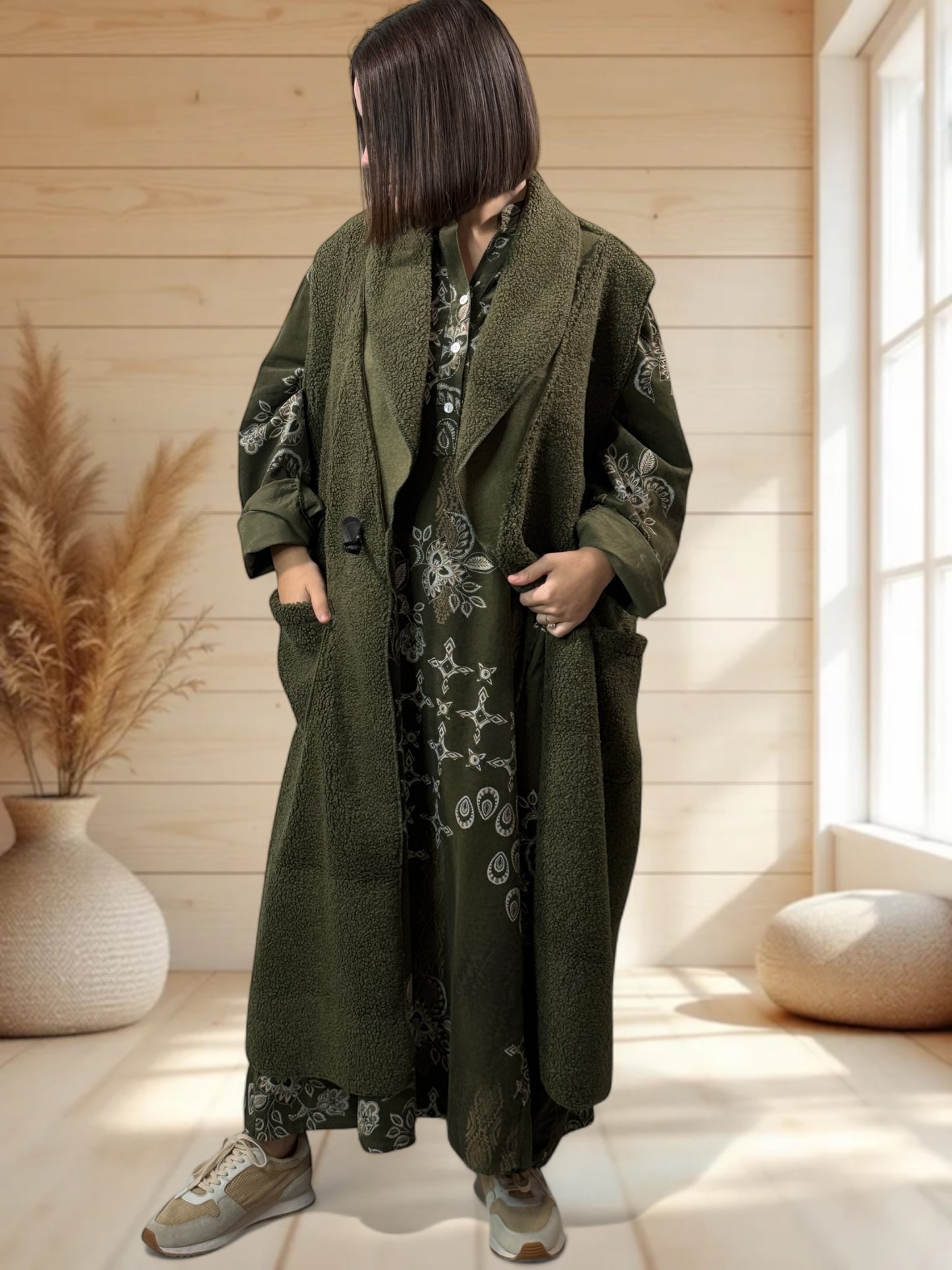 VERONE - ROBE KAKI A MOTIF EN VELOURS JUSQU'A LA TAILLE 52