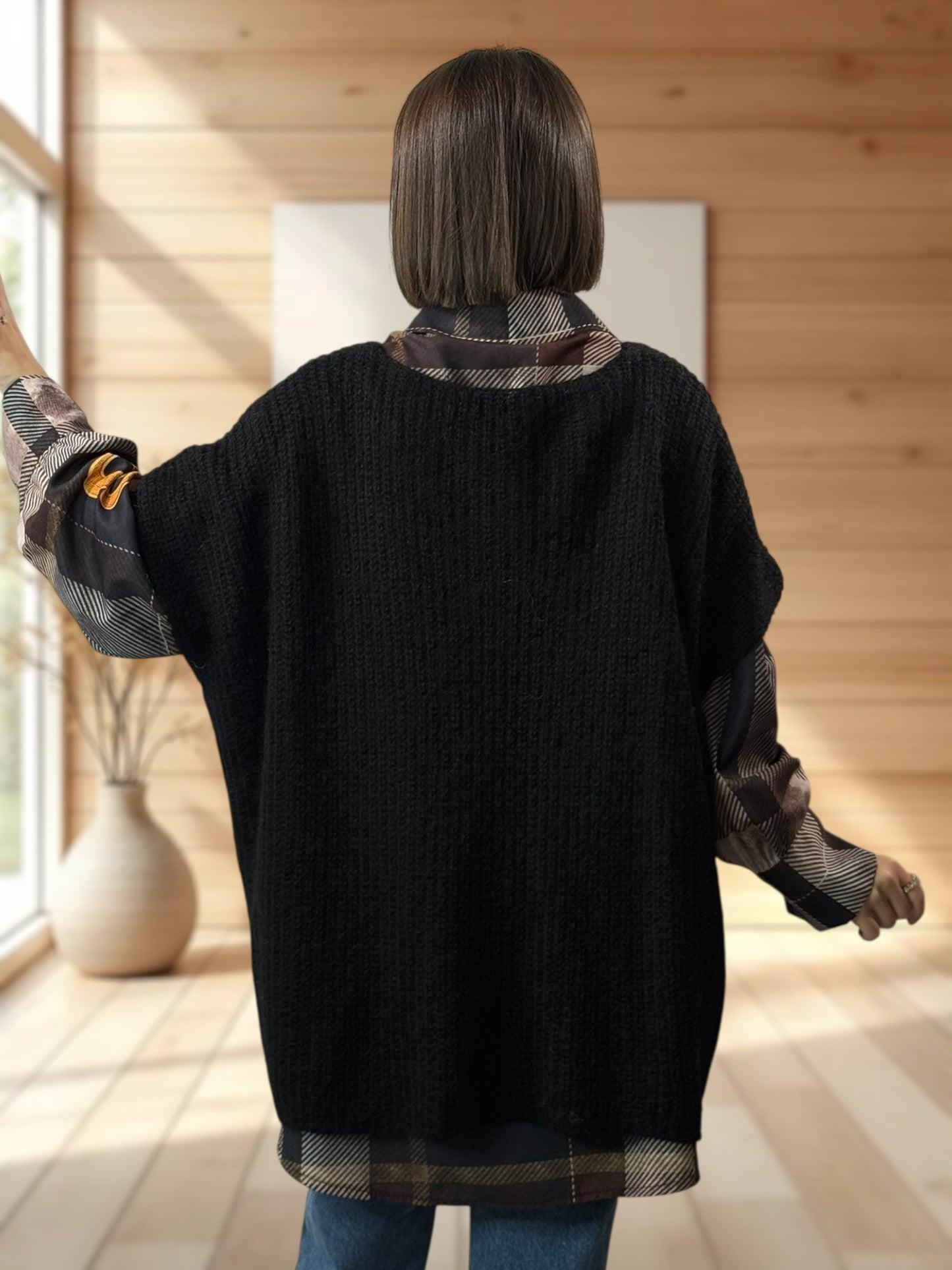 ENZO - PULL NOIR OVERSIZE JUSQU'A LA TAILLE 56