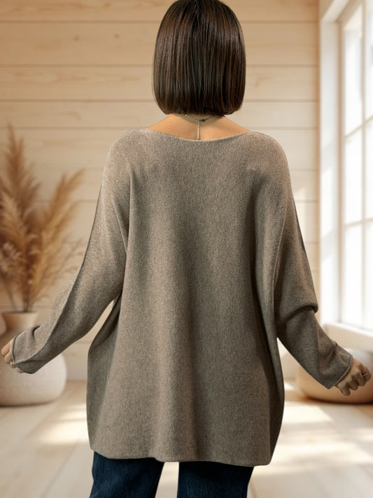 TINA - PULL OVERSIZE TAUPE JUSQU'A LA TAILLE 54