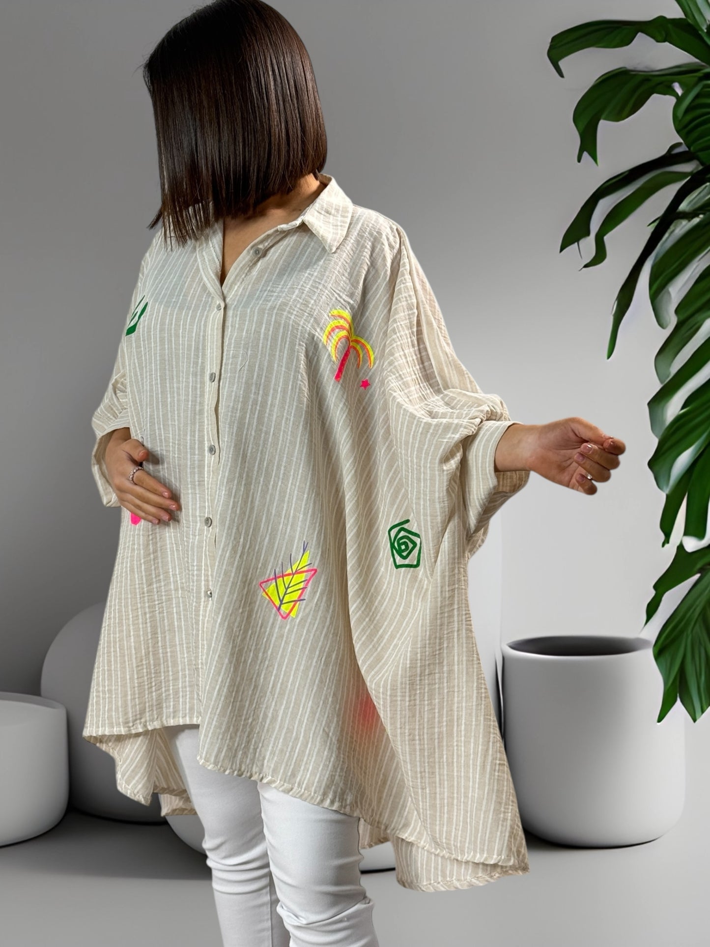 PAMPELONNE - TUNIQUE OVERSIZE A RAYURE BEIGE JUSQU'A LA TAILLE 56
