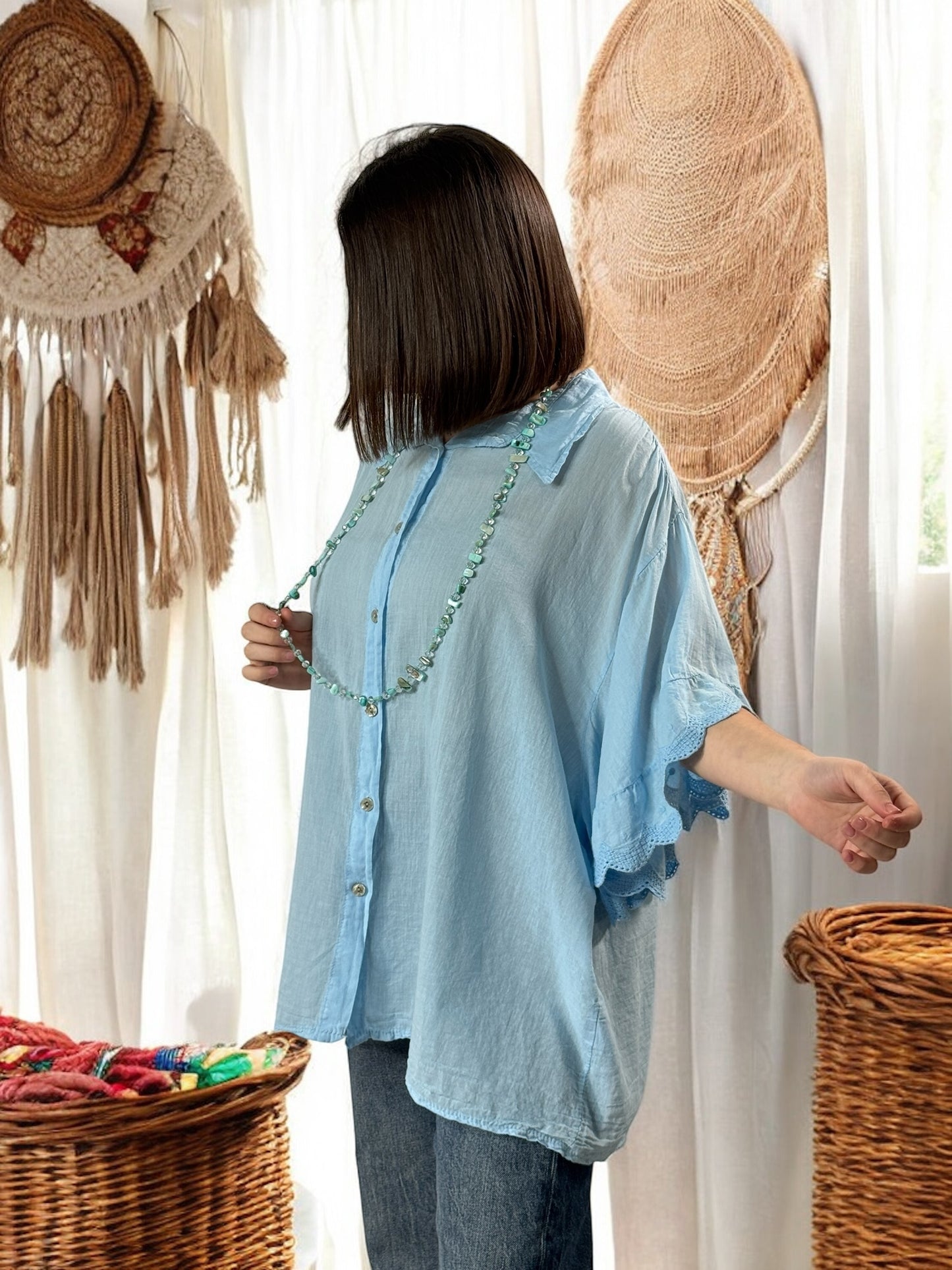 ANASTASIA - BLOUSE OVERSIZE BLEU CIEL EN COTON JUSQU'A LA TAILLE 52/54
