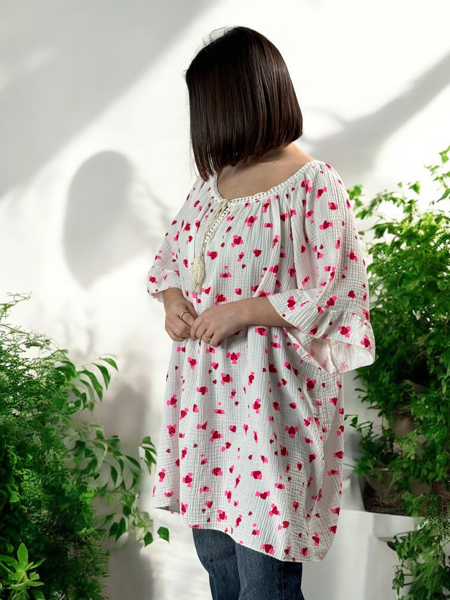 LUCIA - BLOUSE OVERSIZE COEUR ROUGE EN COTON JUSQU'A LA TAILLE 56