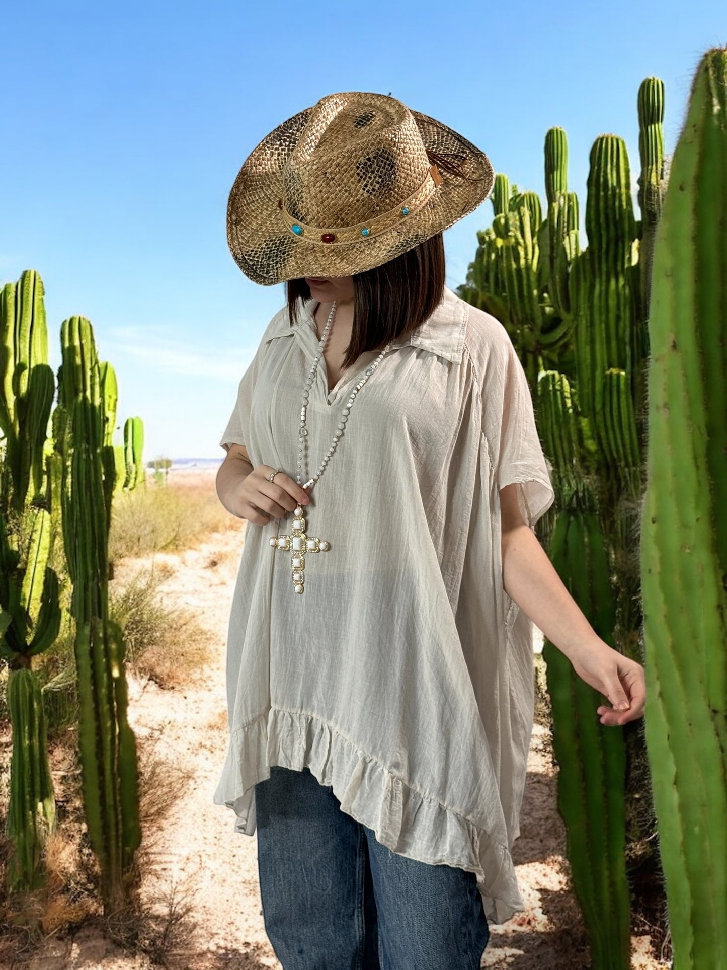 SERENA - BLOUSE BEIGE OVERSIZE EN COTON JUSQU'A LA TAILLE 56
