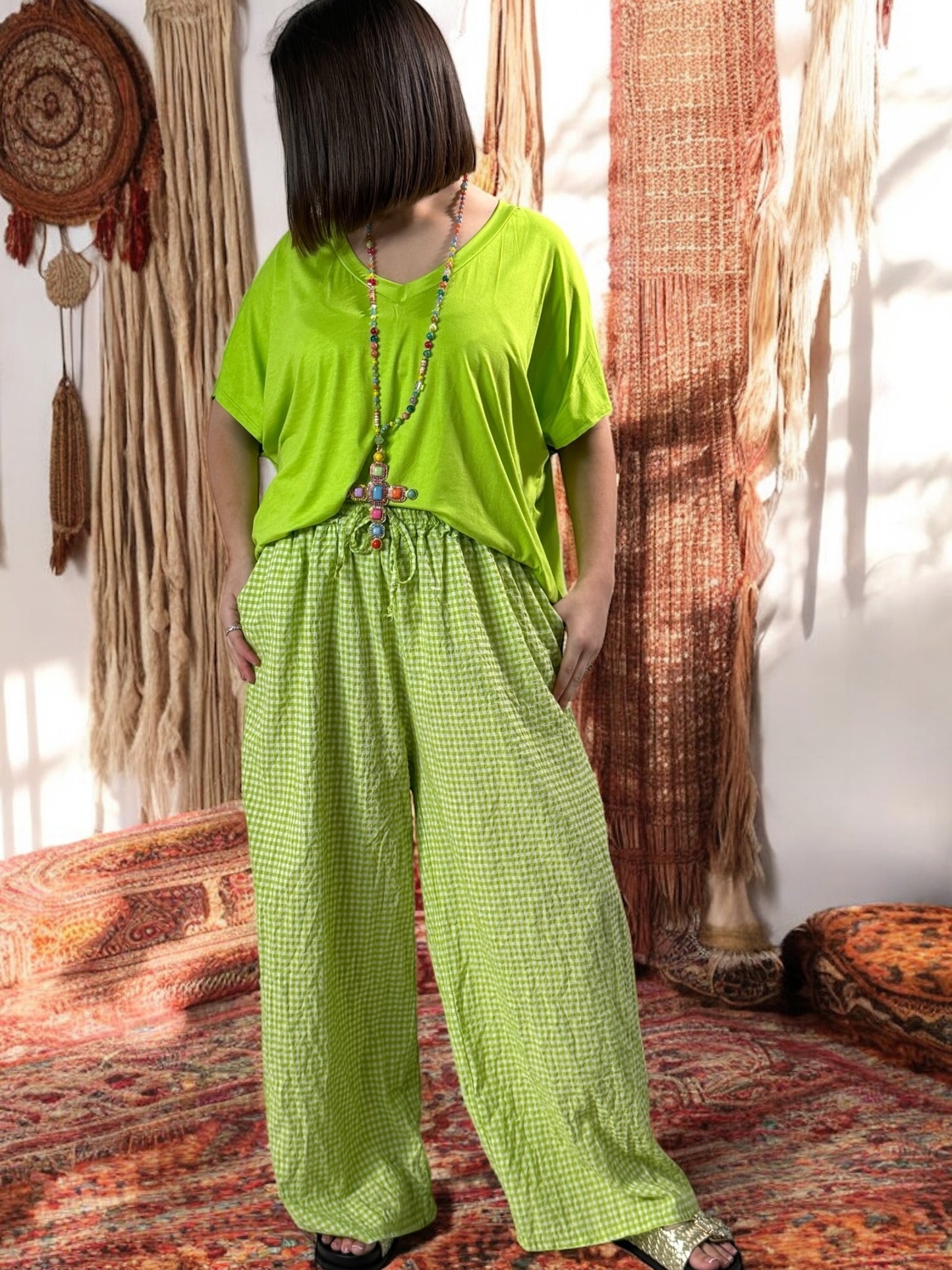 LEO - PANTALON VICHY VERT ANIS JUSQU'A 50