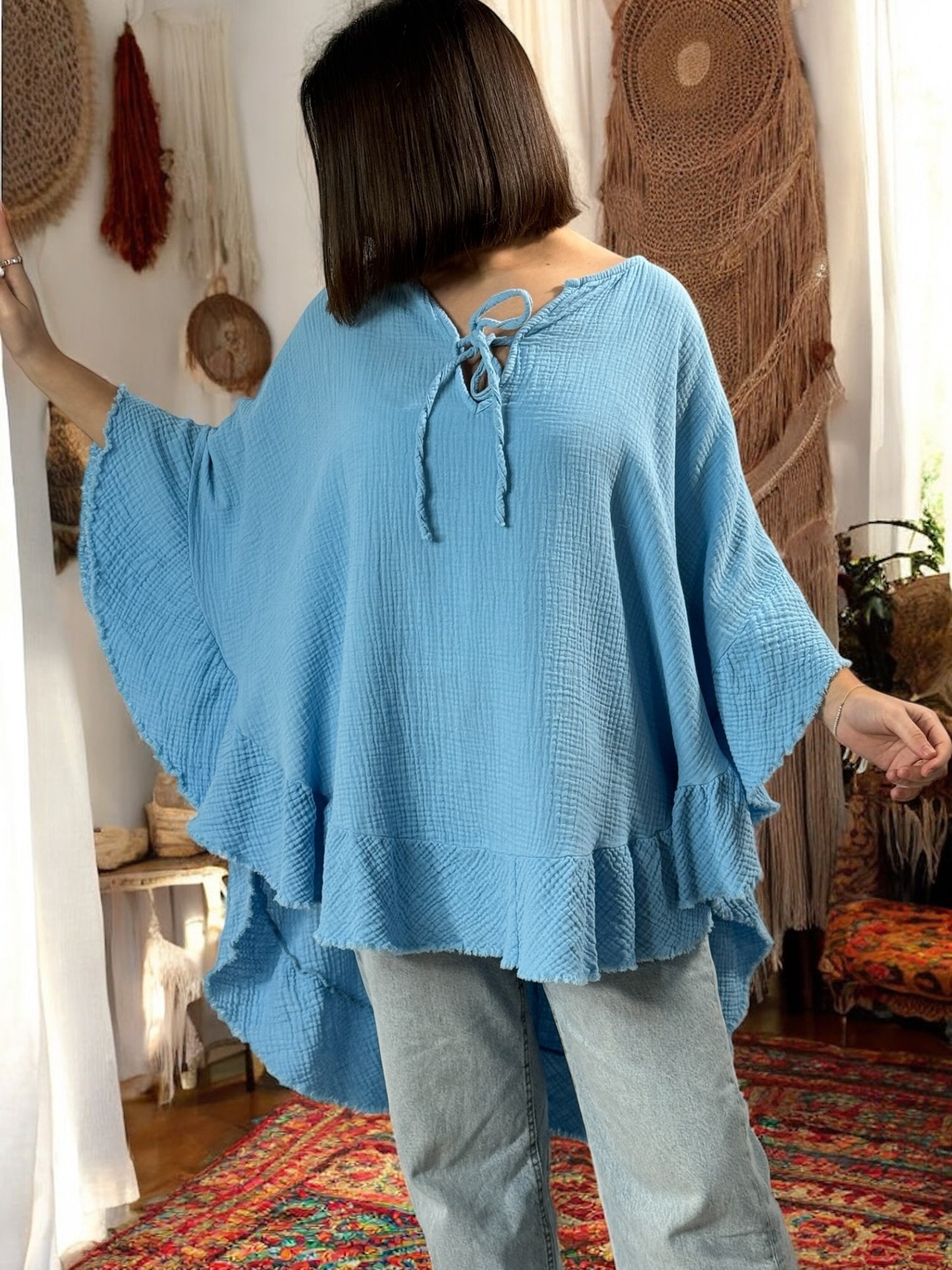 VICTOIRE - TUNIQUE OVERSIZE BLEUE EN GAZE DE COTON JUSQU'A LA TAILLE 52/54