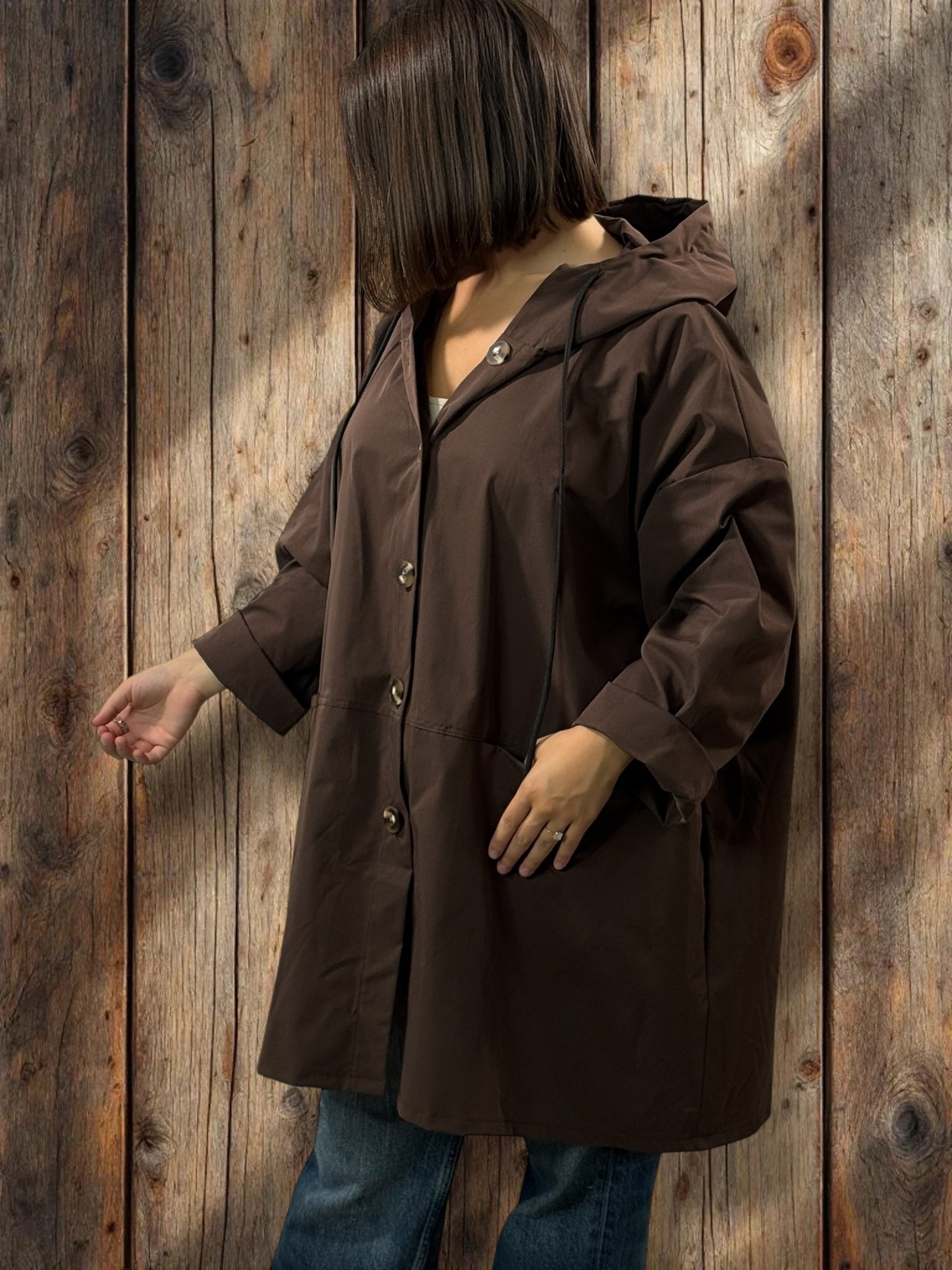 DORIAN - VESTE TRENCH MARRON OVERSIZE A CAPUCHE JUSQU'A LA TAILLE 56