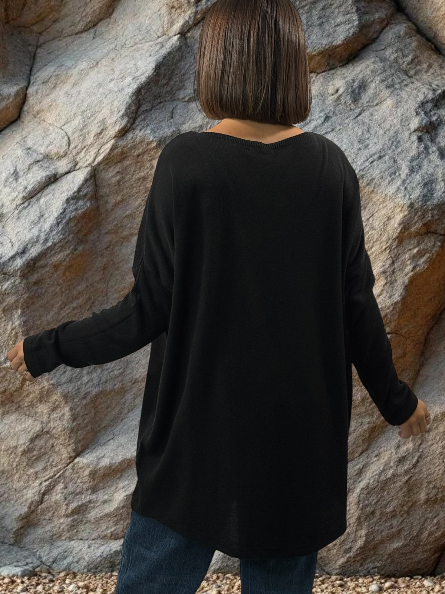 FREEDOM - PULL NOIR EN MAILLE FLUIDE OEIL EN SEQUINS JUSQU'A LA TAILLE 52