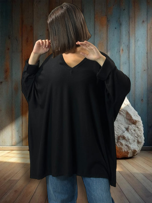 OSCAR - PULL OVERSIZE NOIR EN MAILLE FLUIDE JUSQU'A LA TAILLE 56