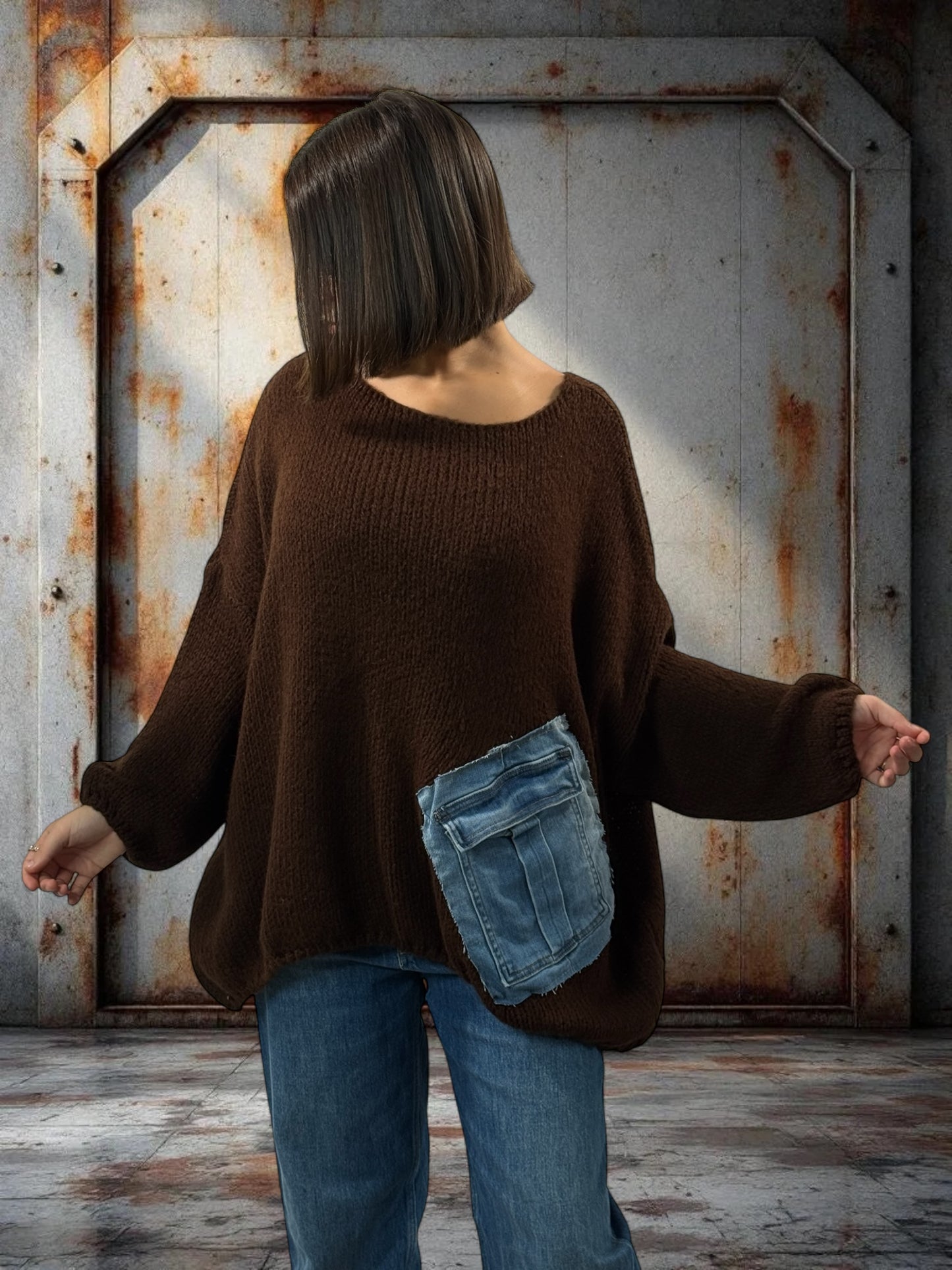 MICHOU - PULL OVERSIZE MARRON POCHE EN JEAN JUSQU'A LA TAILLE 56