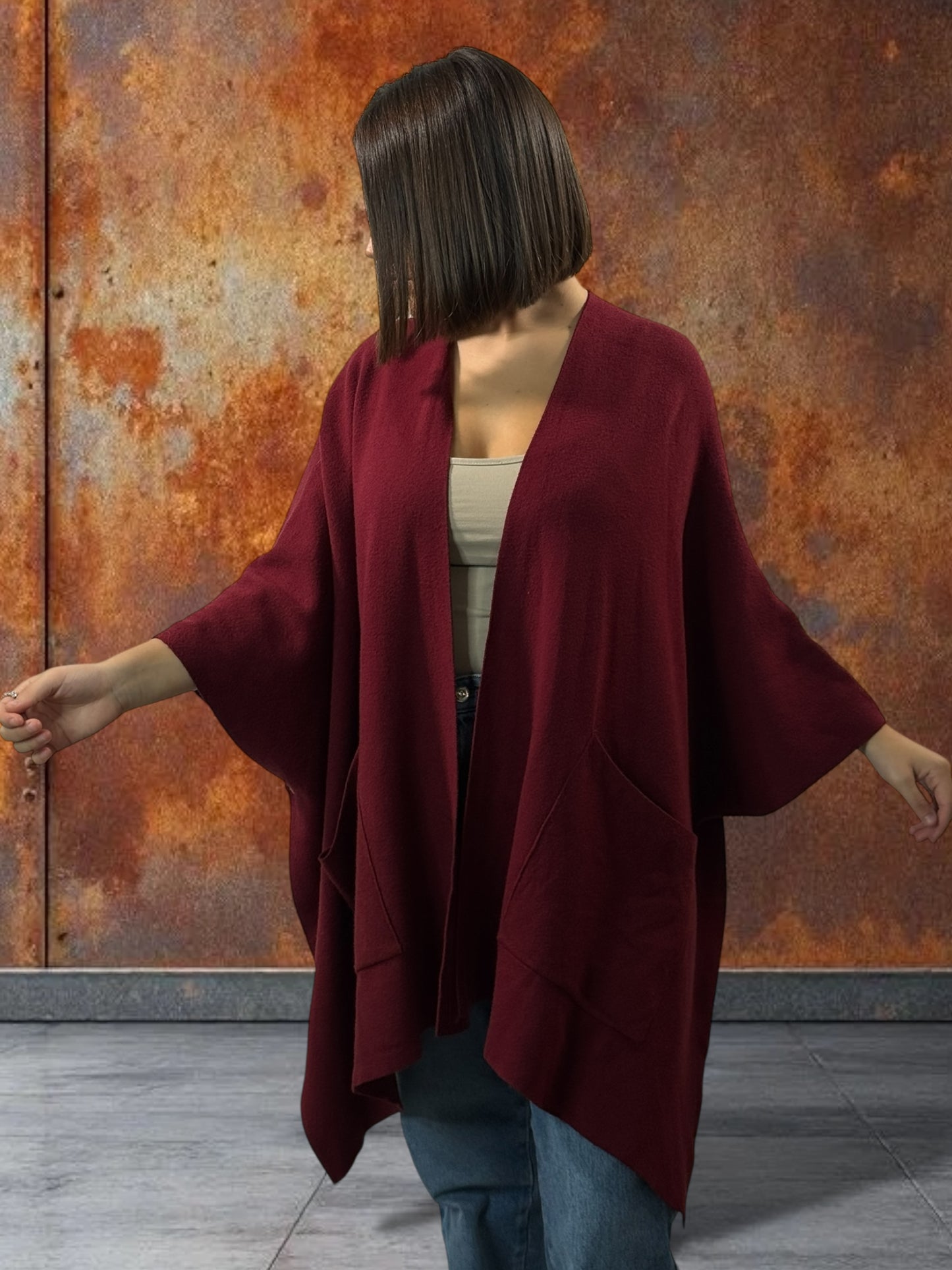 ADRIANA -GILET PONCHO BORDEAUX EN MAILLE JUSQU'A LA TAILLE 60