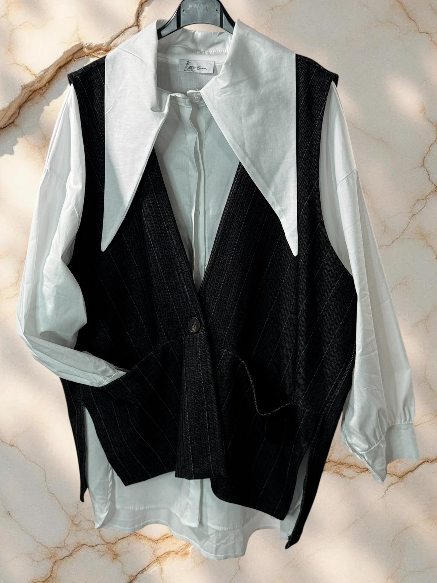 PAULIN - ENSEMBLE CHEMISE ET GILET CHEVRONS NOIR JUSQU'A LA TAILLE 52