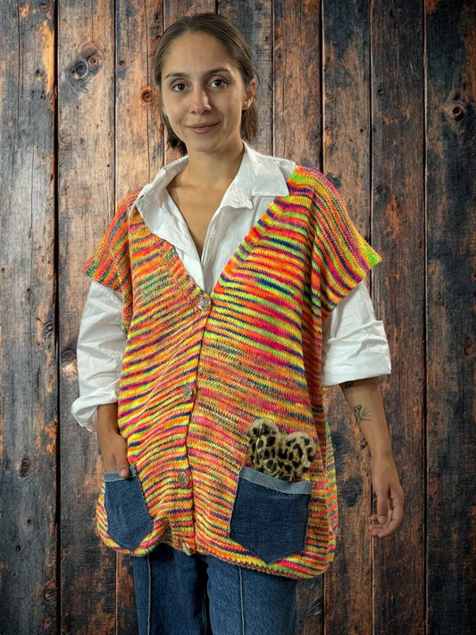 GIANNI - GILET MULTICOLORE SANS MANCHE POCHES EN JEAN JUSQU'A LA TAILLE 52